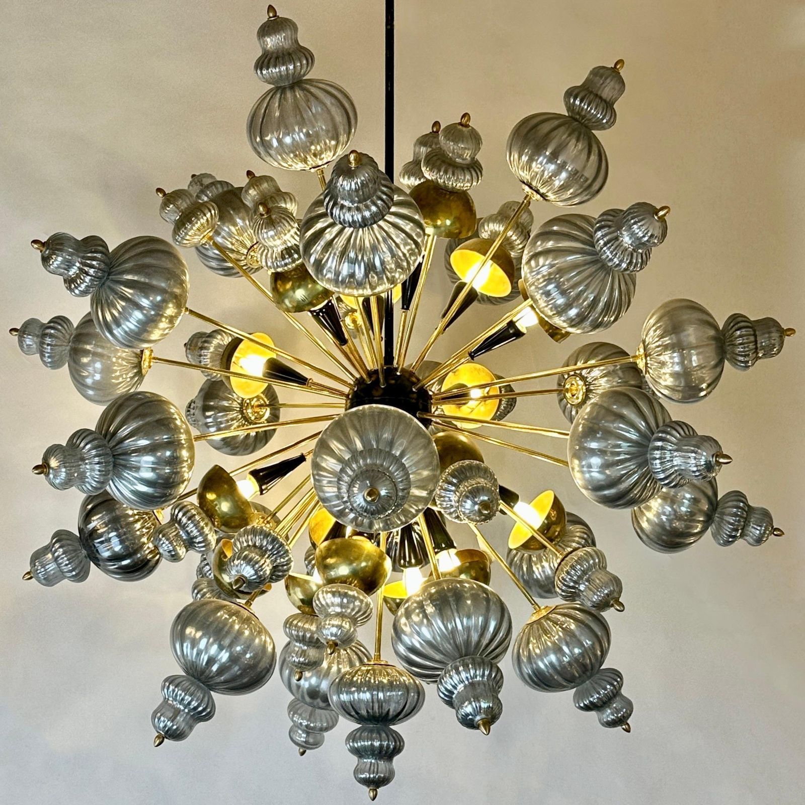 Late 20th Century Silver Blown Murano Glass Elements & Brass Sputnik Chandelier photo for sale