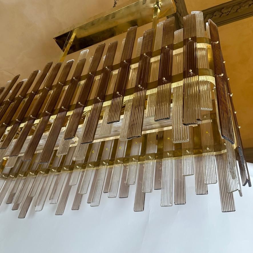 Late 20th Century Brass W/ Brown & Transparent Murano Art Glass Chandelier photo vintage