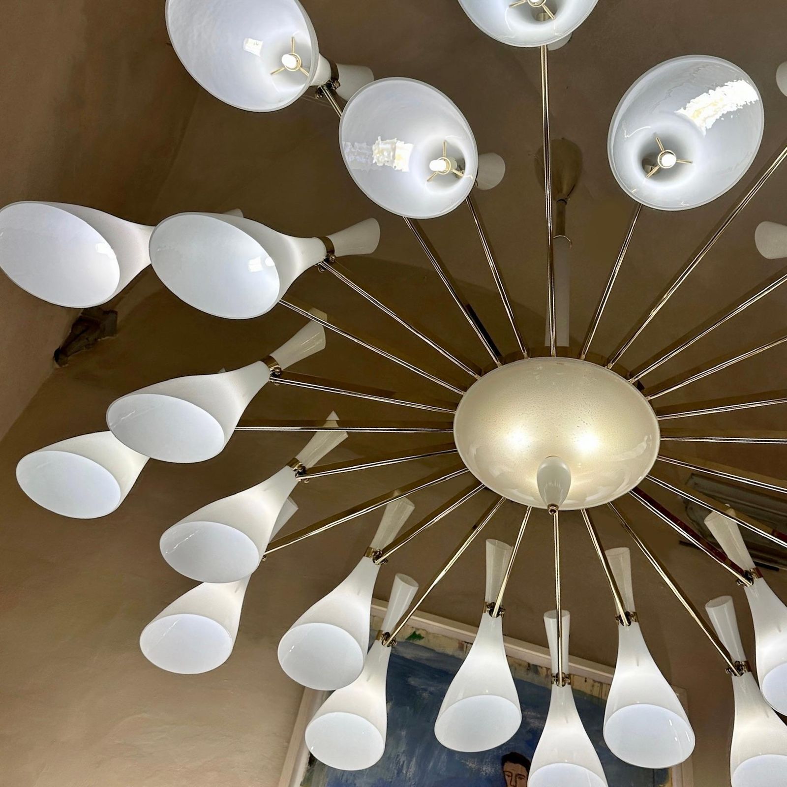 Late 20th Century White Murano Blown Glass & Brass Large Round Chandelier photo for sale