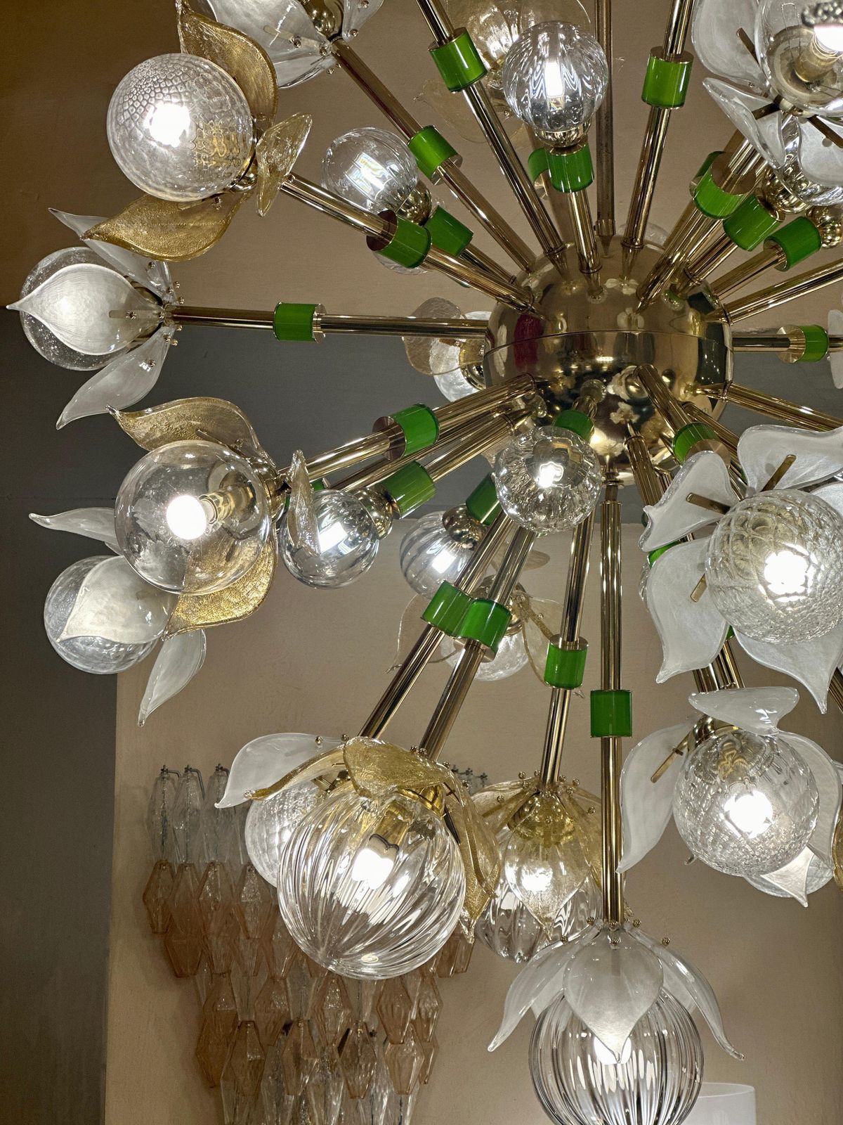 "Flower Power" Brass Sputnik Chandelier W/ Murano Art Glass Boules And Petals photo Lighting