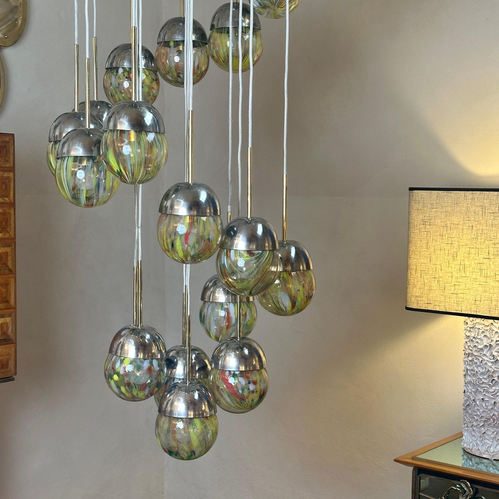 photo buy Late 20th Century Chrome, Brushed Steel, Brass & Murano Glass Cascade Chandelier