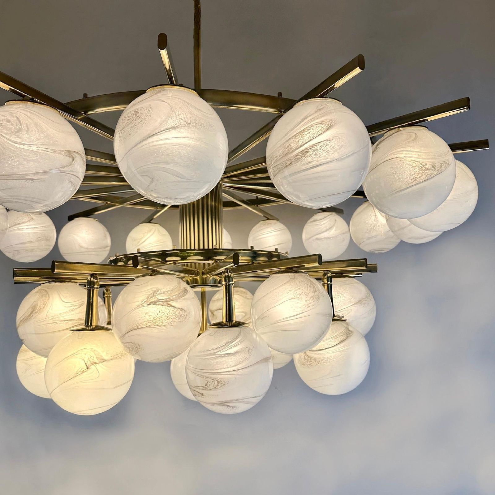 Late 20th Century Brass Double Tier Chandelier With Marbled Murano Glass Boules photo for sale