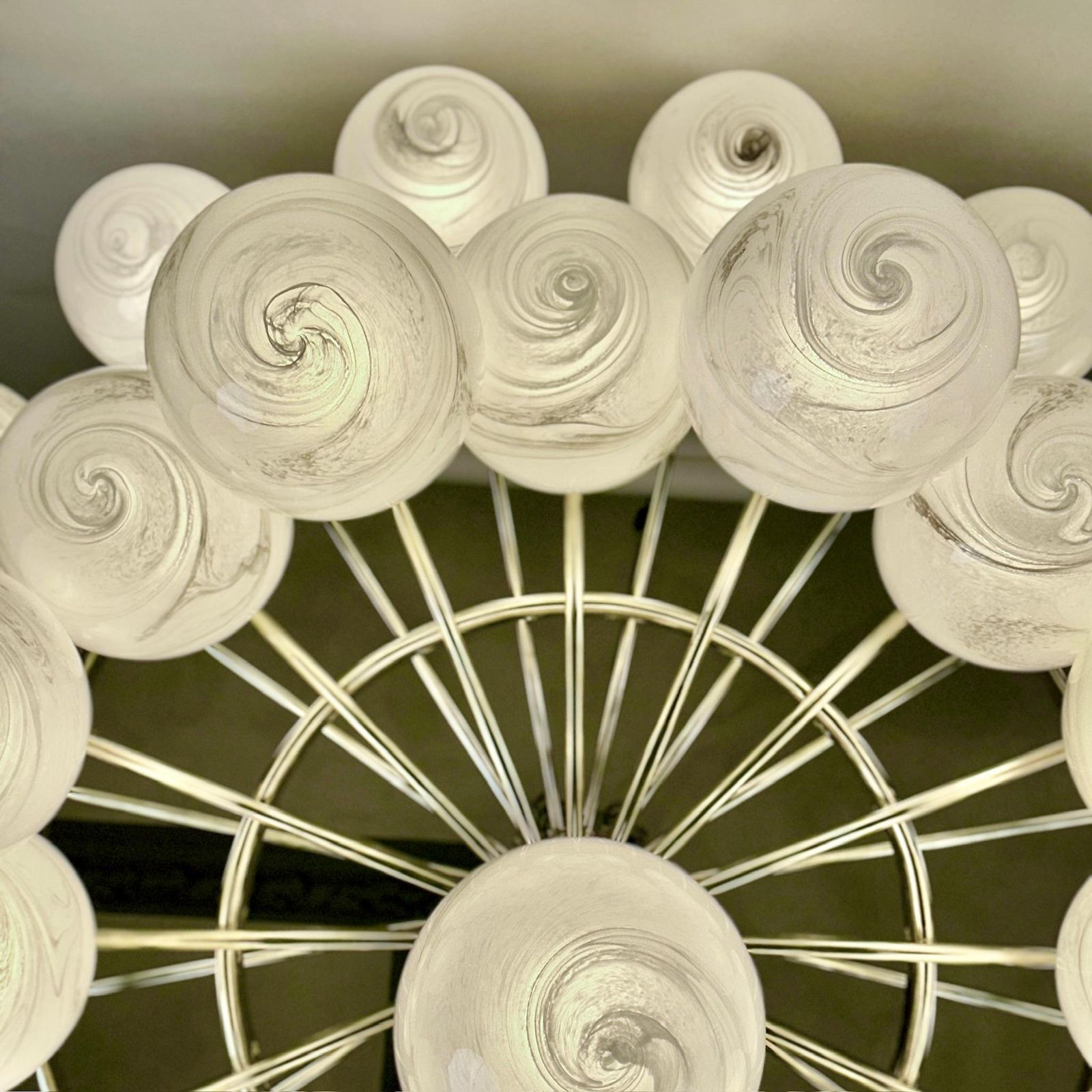 Late 20th Century Brass Double Tier Chandelier With Marbled Murano Glass Boules photo vintage