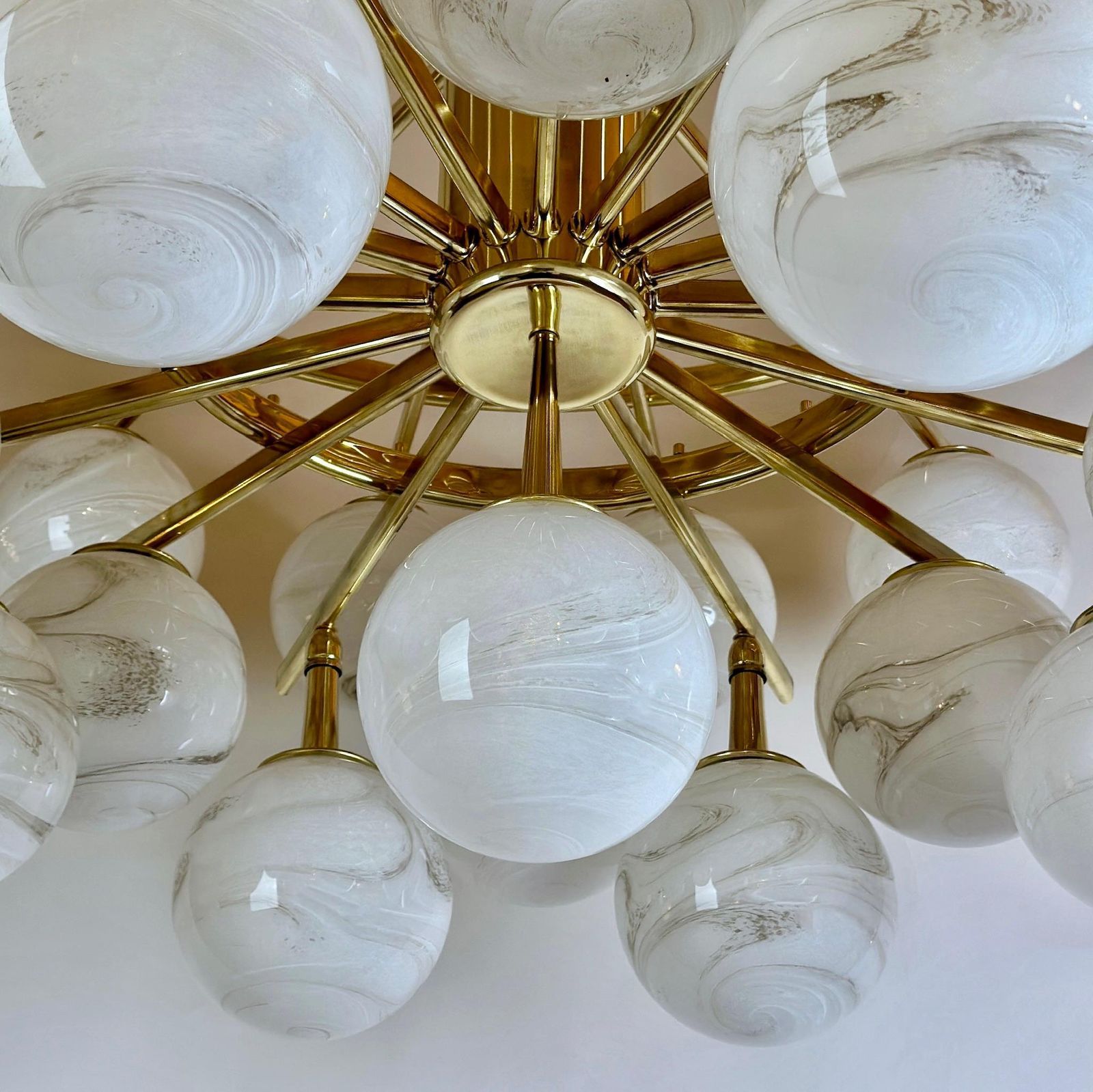 photo for sale Late 20th Century Brass Double Tier Chandelier With Marbled Murano Glass Boules