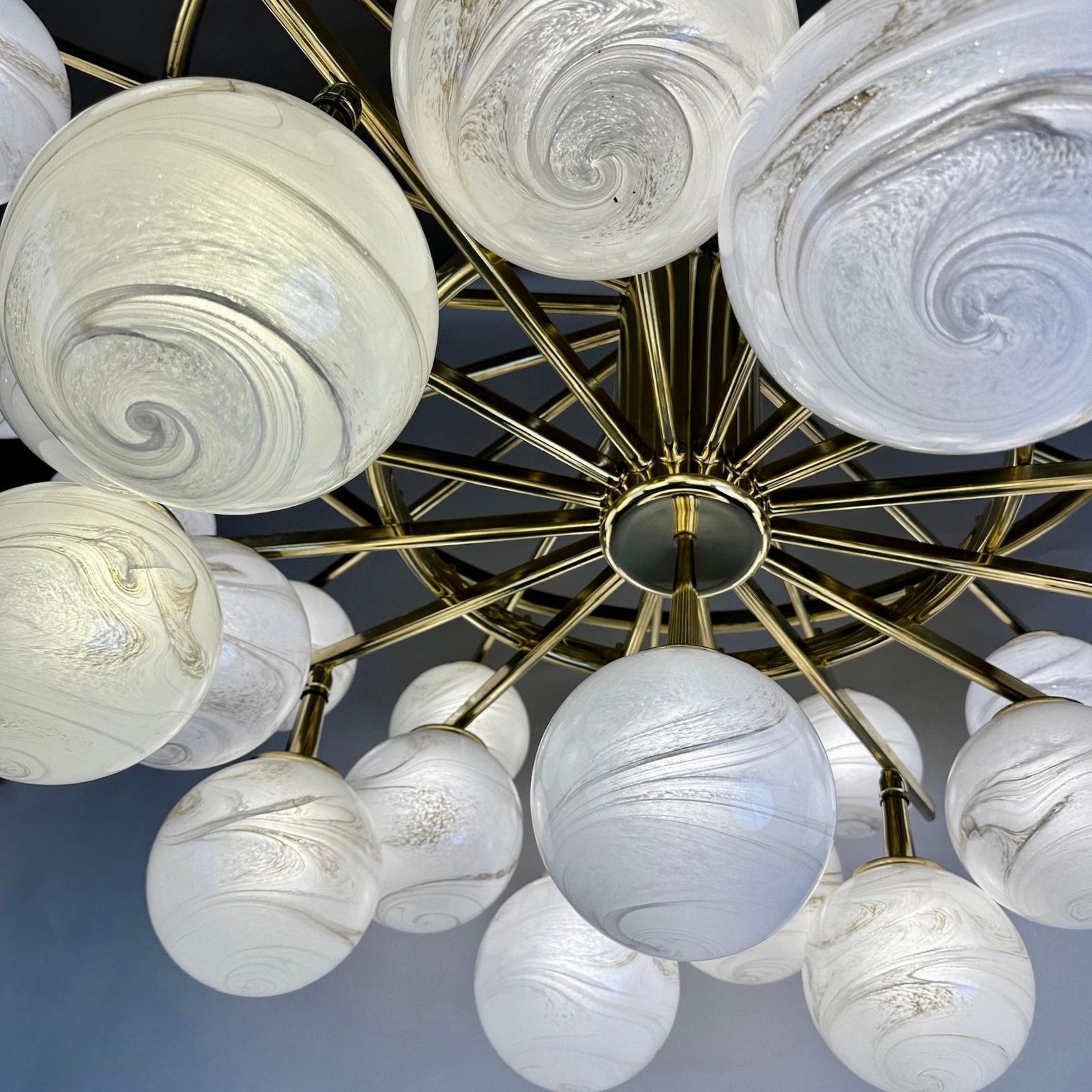 23818.0 Late 20th Century Brass Double Tier Chandelier With Marbled Murano Glass Boules photo