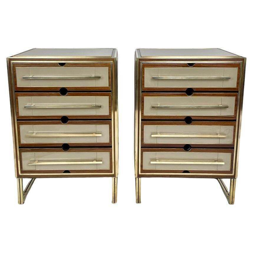 Mid Century Modern Pair Of Wood, Brass & Beige Opaline Glass Night Stands