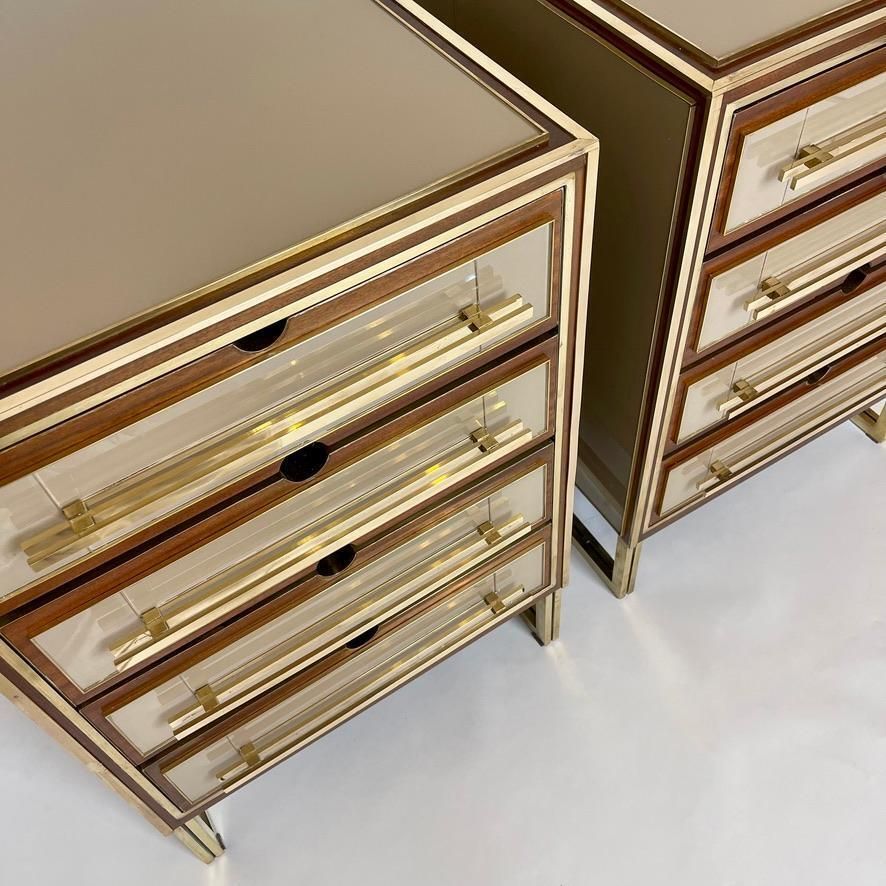Mid Century Modern Pair Of Wood, Brass & Beige Opaline Glass Night Stands photo Furniture