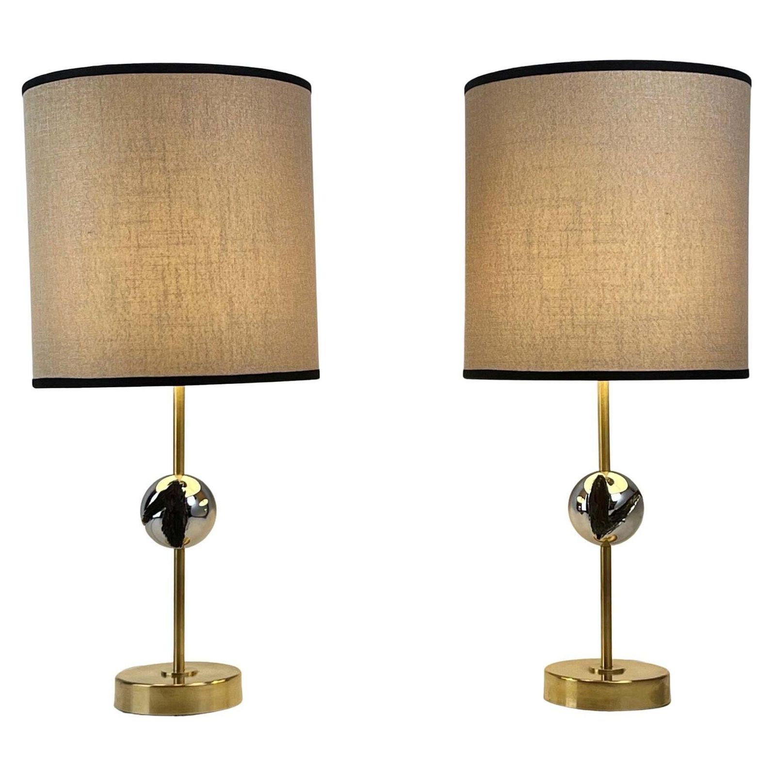 Late20th Century Pair Of Italian Sculptural Nickel & Brass Table Lamps W/ Shades
