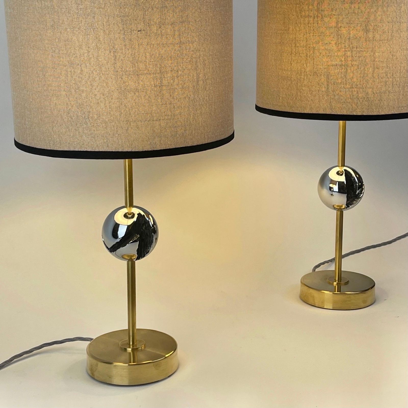 Late20th Century Pair Of Italian Sculptural Nickel & Brass Table Lamps W/ Shades photo Lighting