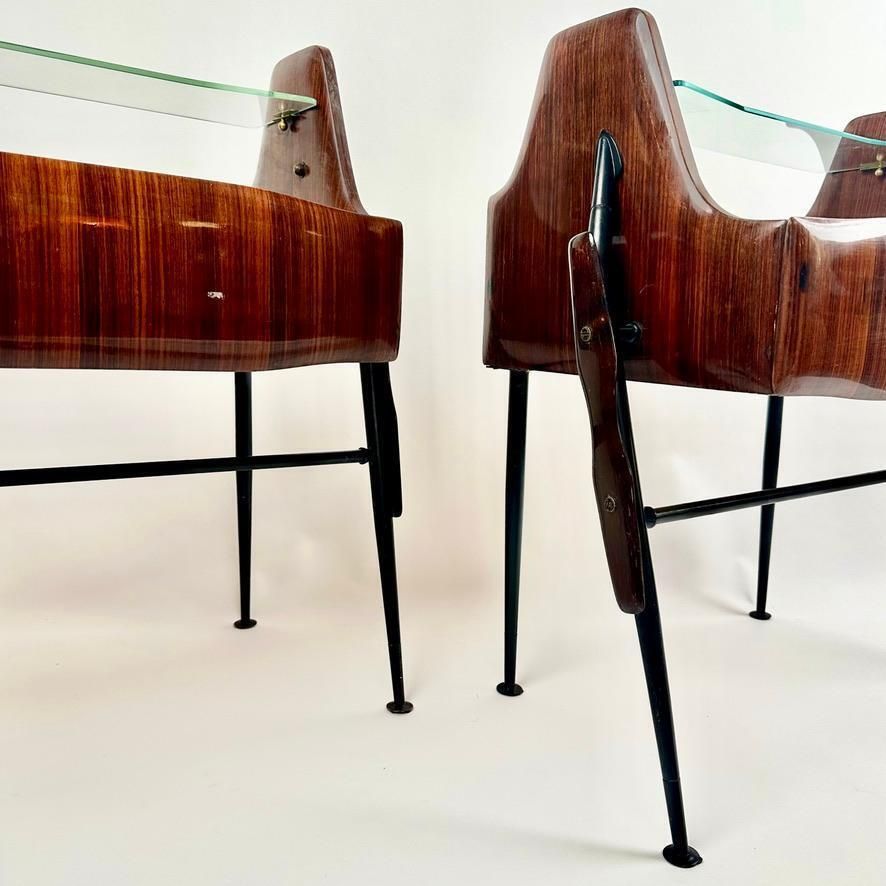 1950's Pair Of Italian Wood, Opaline Glass, Iron & Brass Night Stands W/ Drawers photo vintage