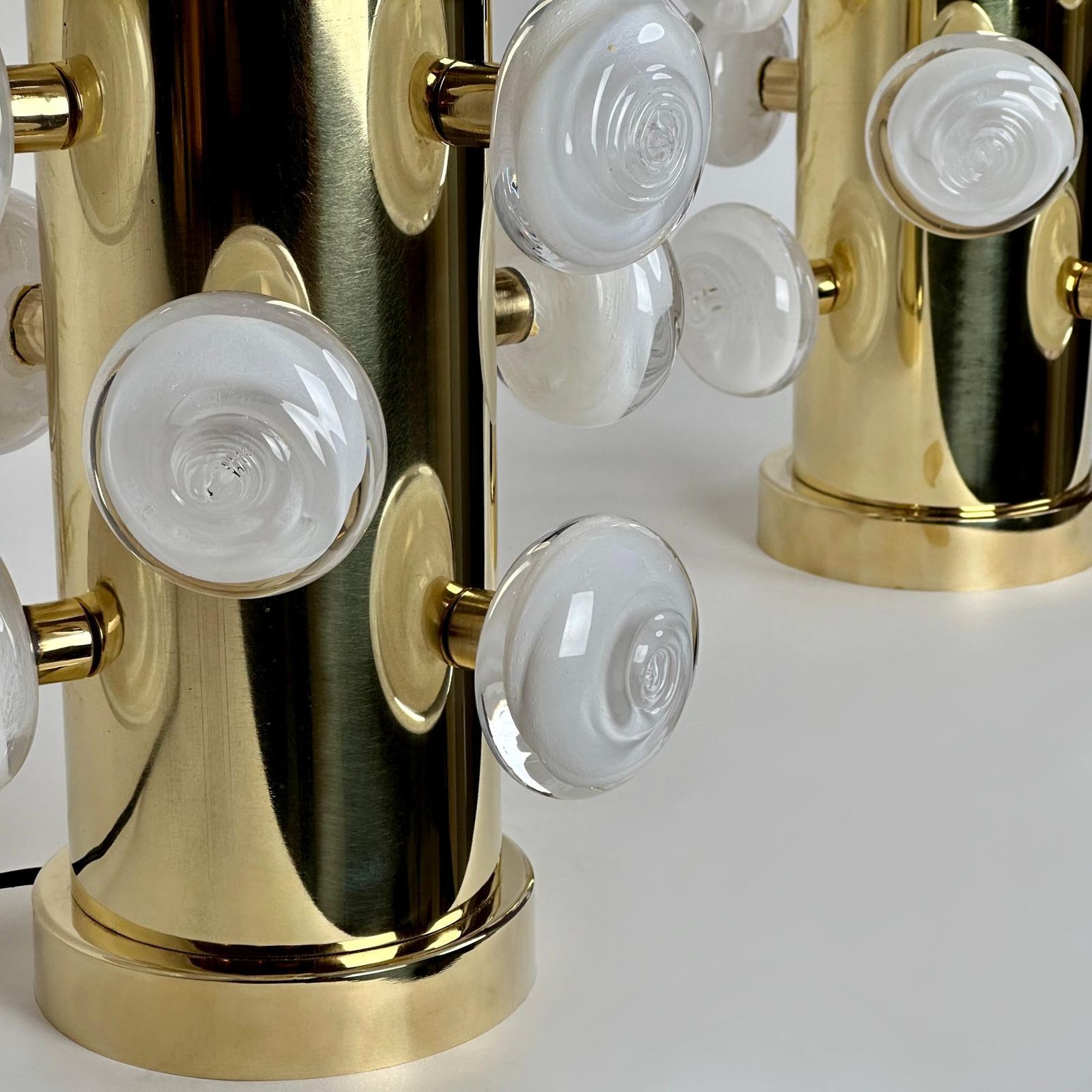 Lighting Late 20th Century Pair Of Brass & White Murano Art Glass Butttons Table Lamps photo