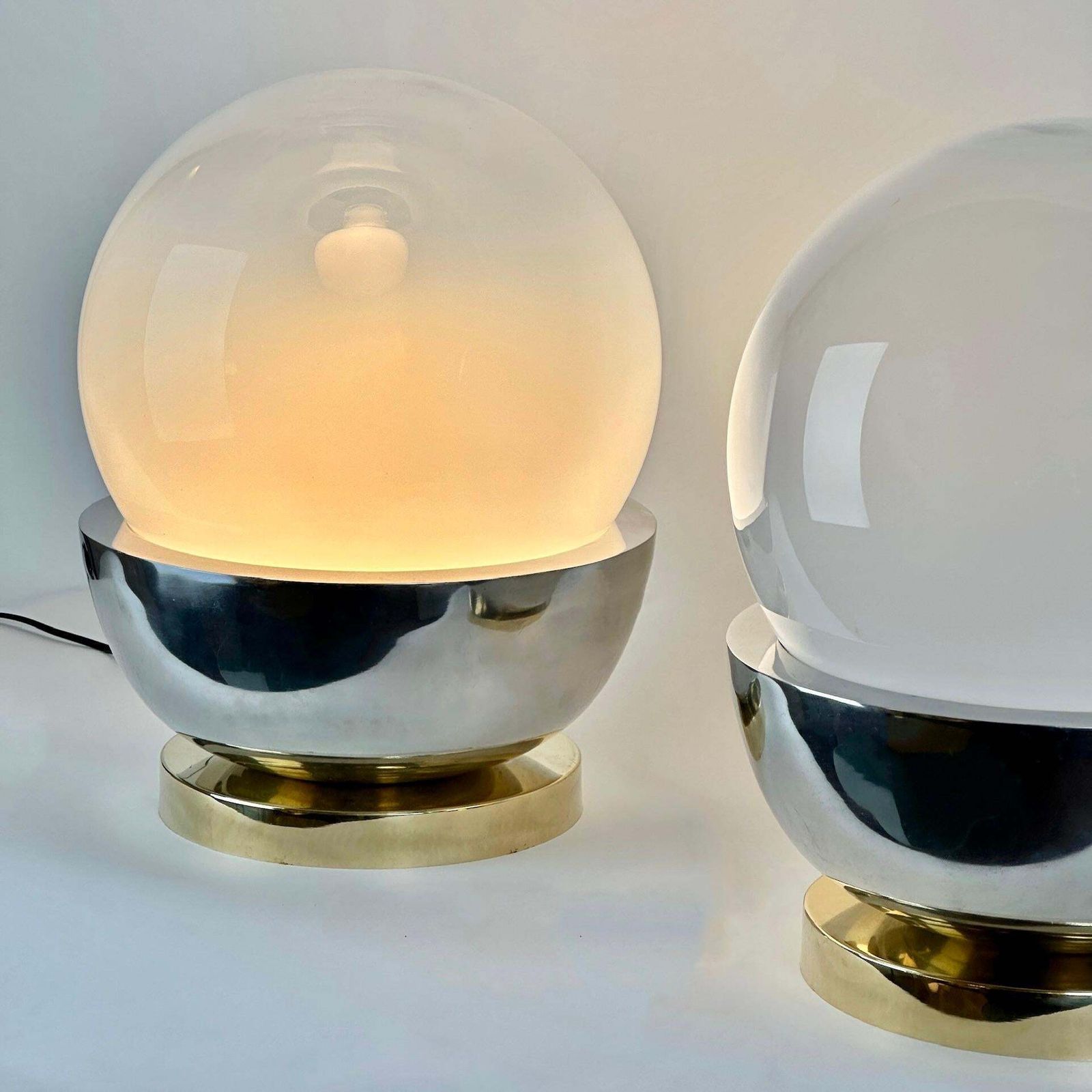 Late 20th Century Pair Of Brass, Steel & Faded Blown Murano Glass Table Lamps photo for sale