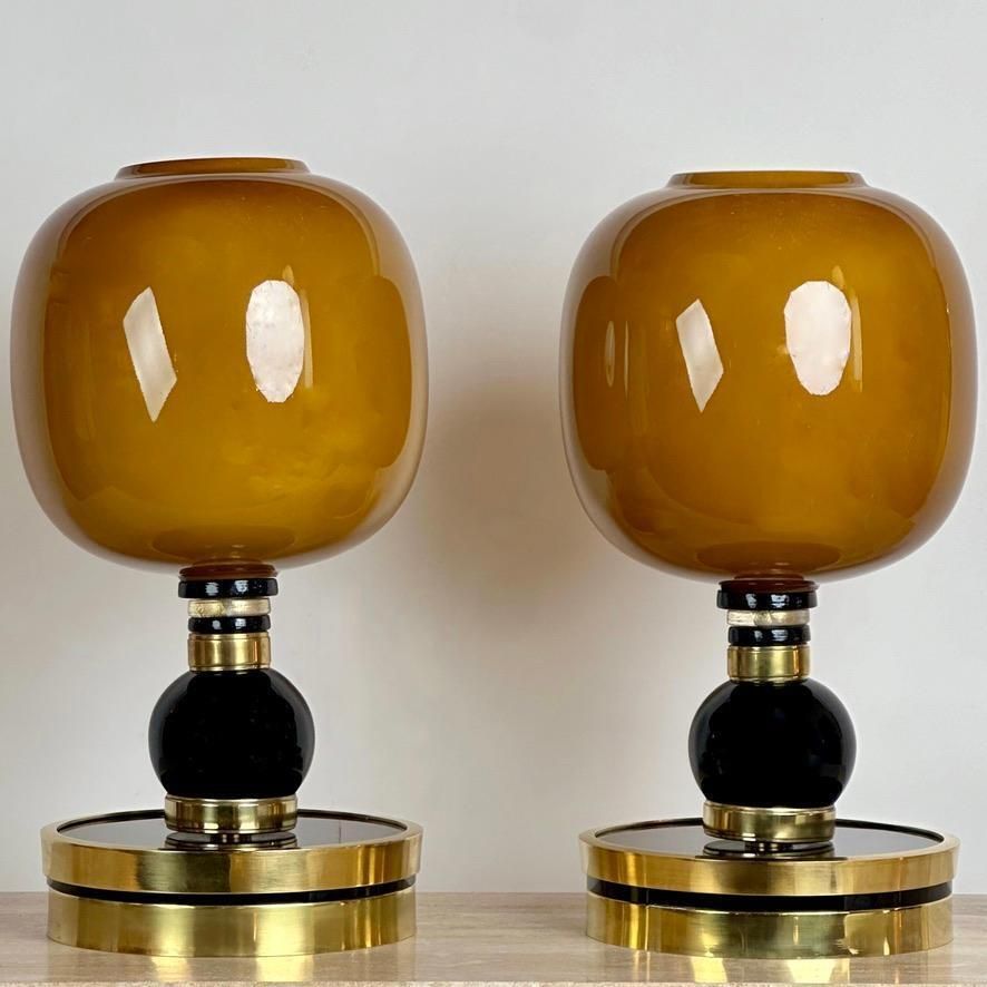 Late20th Century Pair Of Brass, Black Opaline & Caramel Murano Glass Table Lamps photo for sale