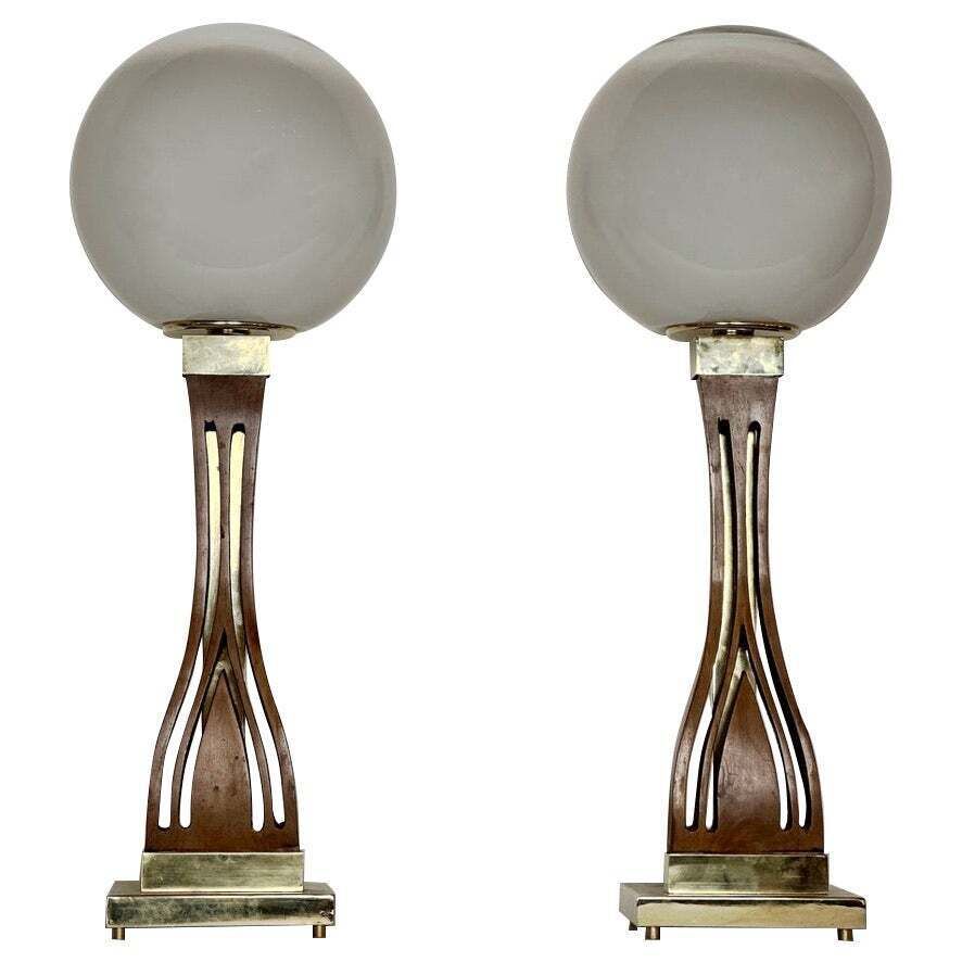 Late 20th Century Pair Of Walnut, Brass & Faded Blown Murano Glass Table Lamps