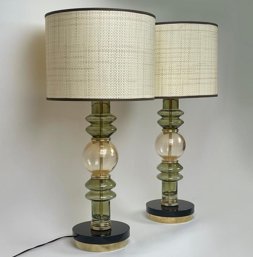 Late 20th Century Pair Of Brass & Green/Gold Murano Art Glass Table Lamps photo for sale