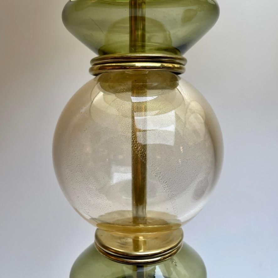 Late 20th Century Pair Of Brass & Green/Gold Murano Art Glass Table Lamps photo vinterior