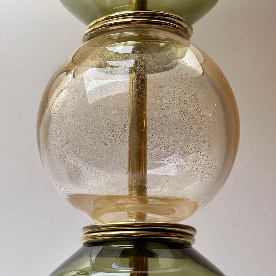 Late 20th Century Pair Of Brass & Green/Gold Murano Art Glass Table Lamps photo vintage