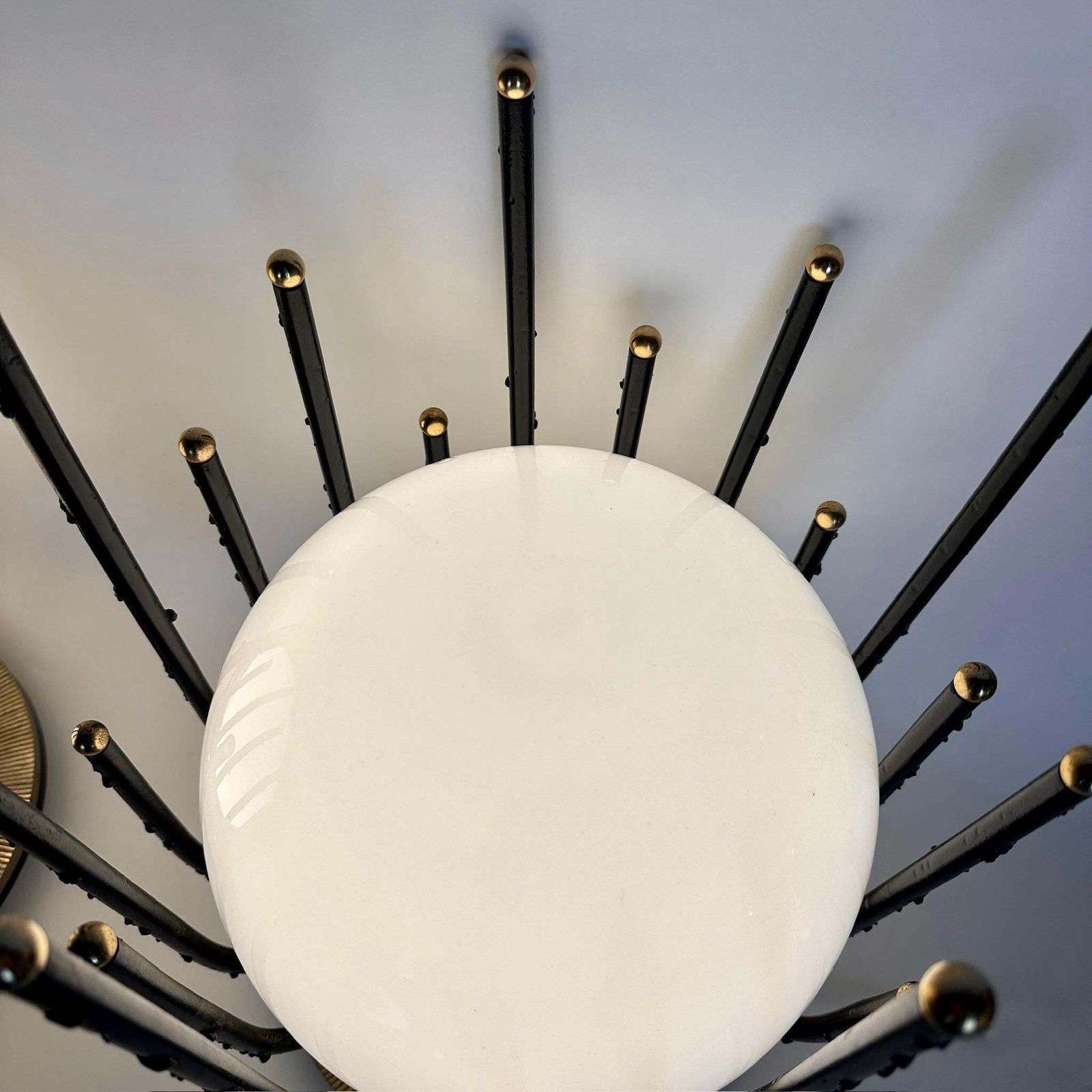 Late20th Century Pair Of Black Iron, Brass & Opaline Glass Brutalist Table Lamps photo buy