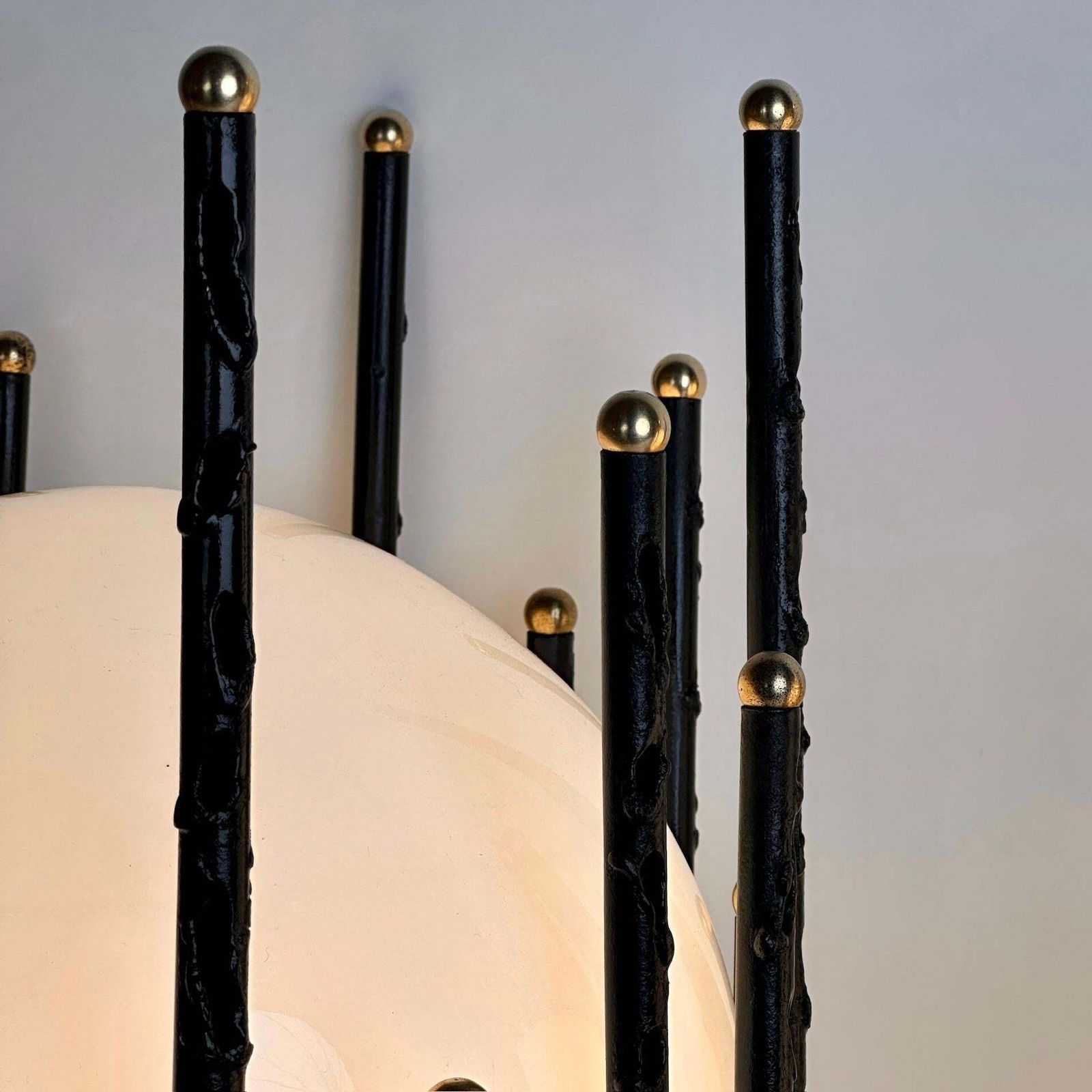 photo furniture Late20th Century Pair Of Black Iron, Brass & Opaline Glass Brutalist Table Lamps