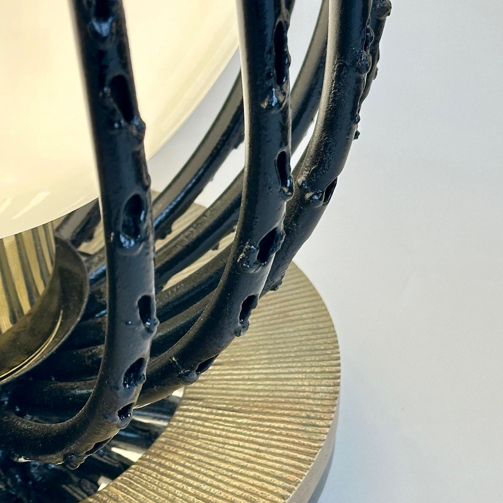Lighting Late20th Century Pair Of Black Iron, Brass & Opaline Glass Brutalist Table Lamps photo