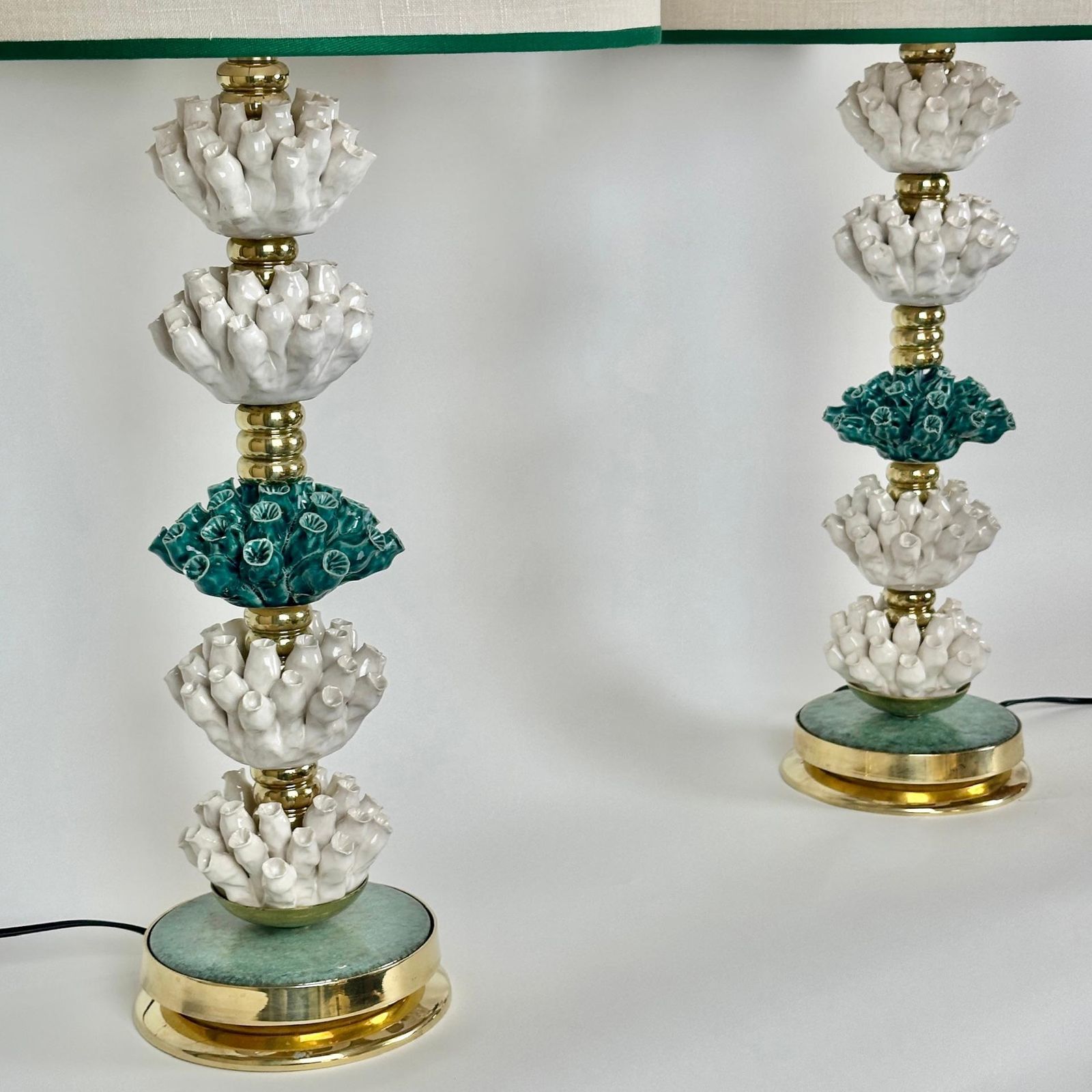 Late 20th Century Pair Of Italian Brass W/ Green & White Ceramic Table Lamps photo for sale