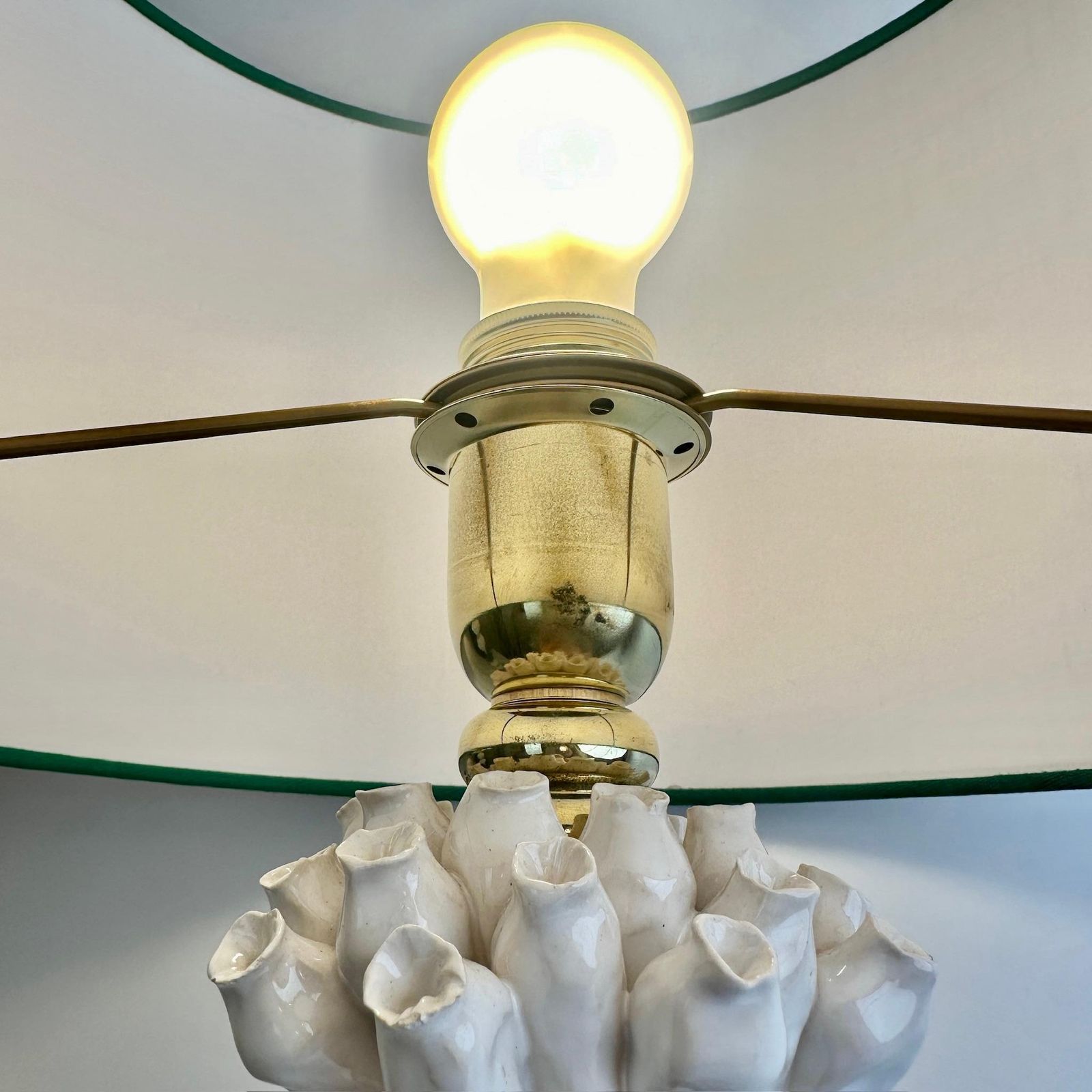 Late 20th Century Pair Of Italian Brass W/ Green & White Ceramic Table Lamps photo vinterior