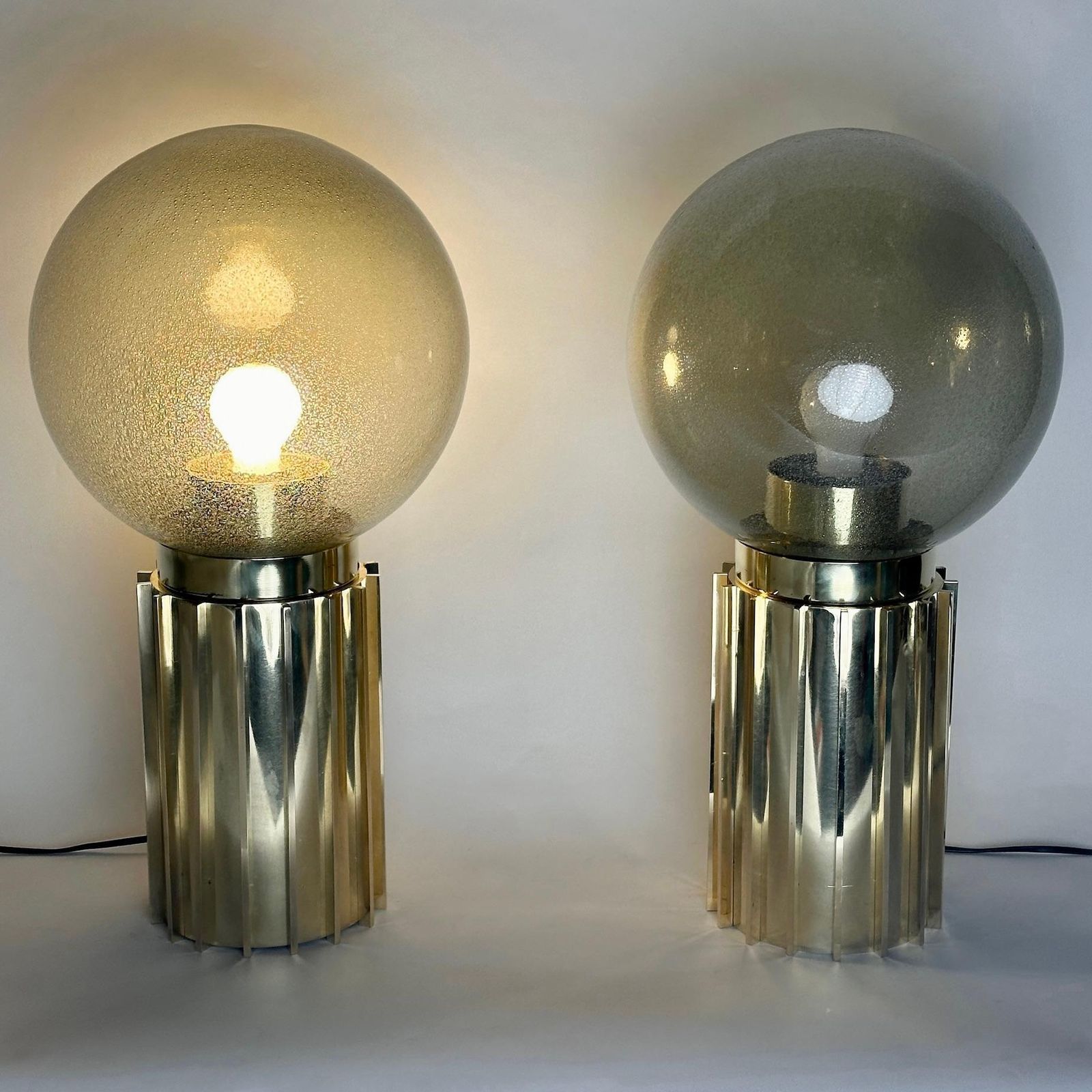 Late 20th Century Pair Of Brass & Smoked Pulegoso Murano Art Glass Table Lamps photo furniture