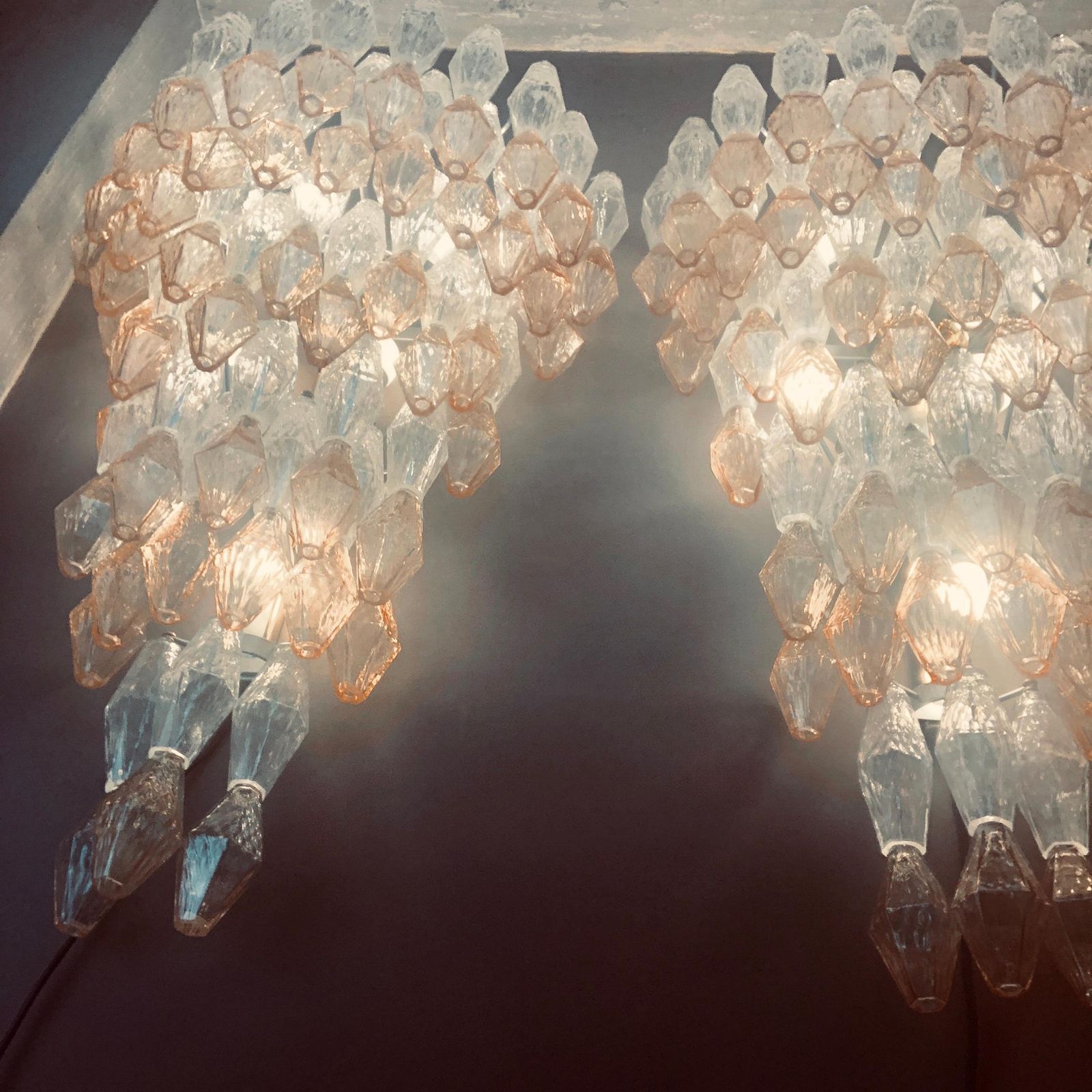 6805.0 Late 20th Century Pair Of Transparent And Amber Polyhedrons Murano Glass Sconces photo