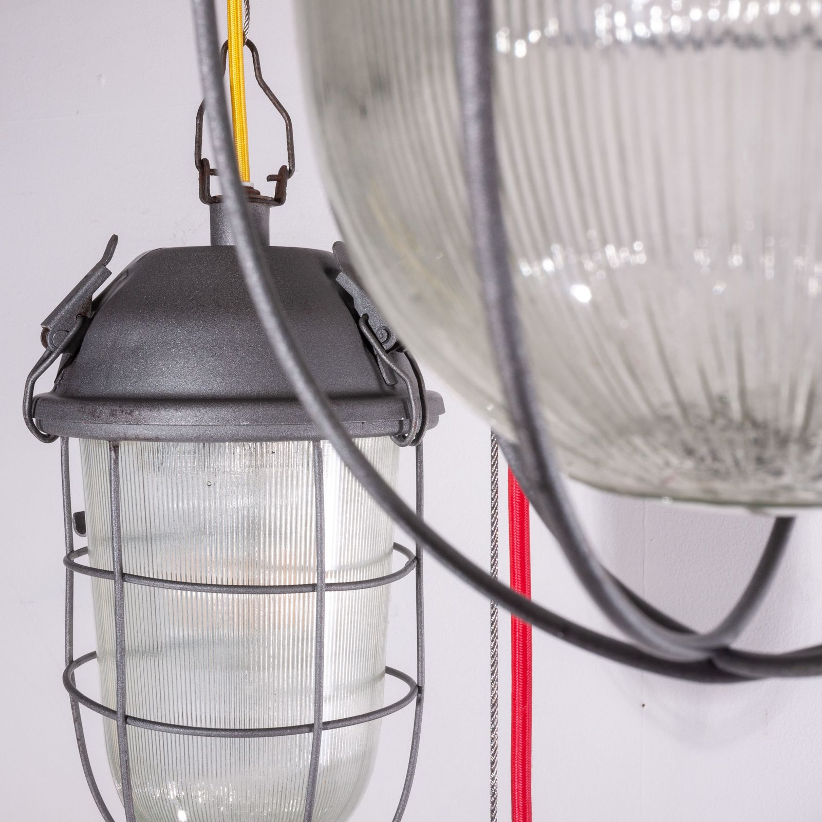 1960s Industrial Caged Hanging Ceiling Pendant Lamps/Lights With Original Glass photo for sale