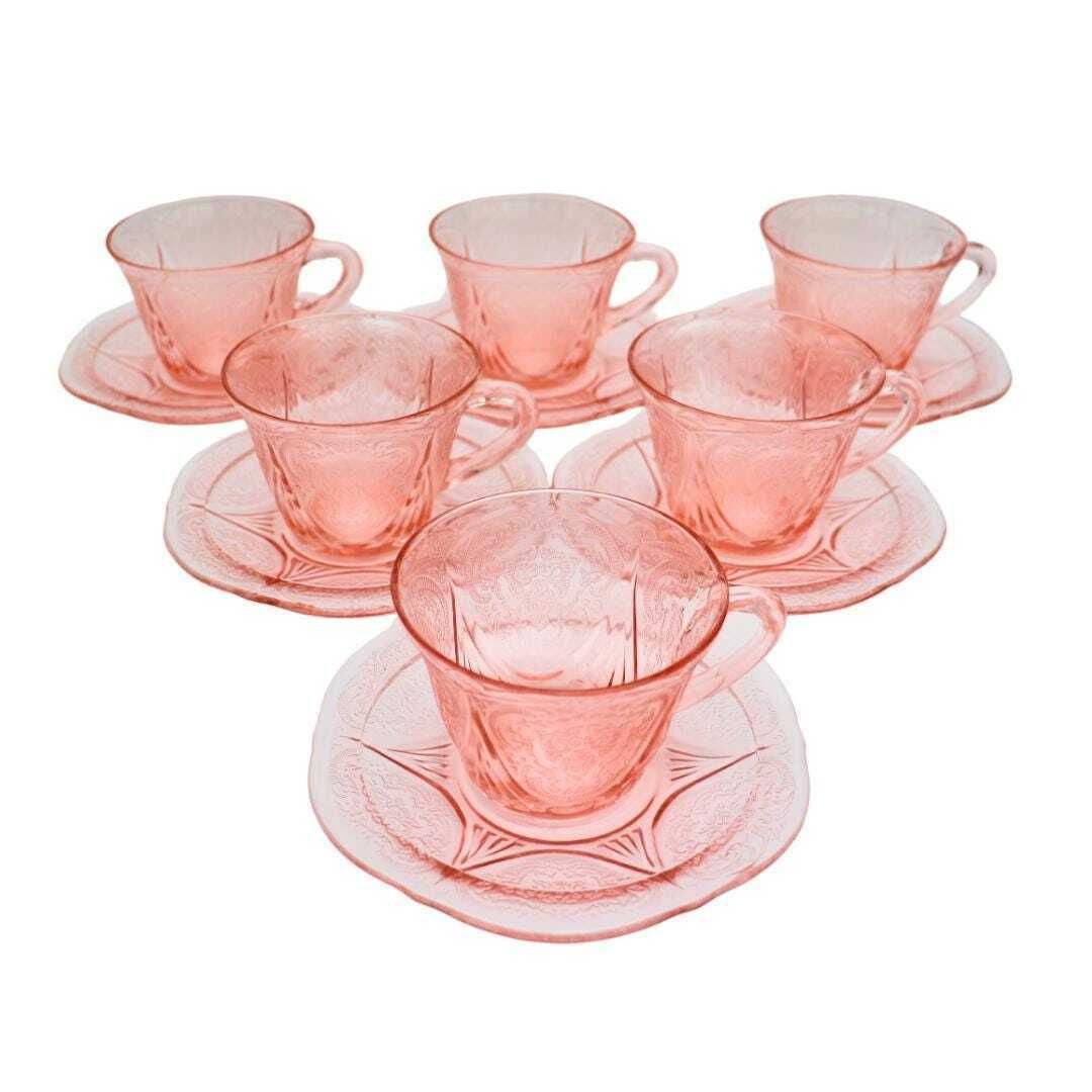 6 Art Deco Pink Pressed Glass Tea Cups And Saucers By Hazel Atlas Royal Lace Pattern photo vinterior