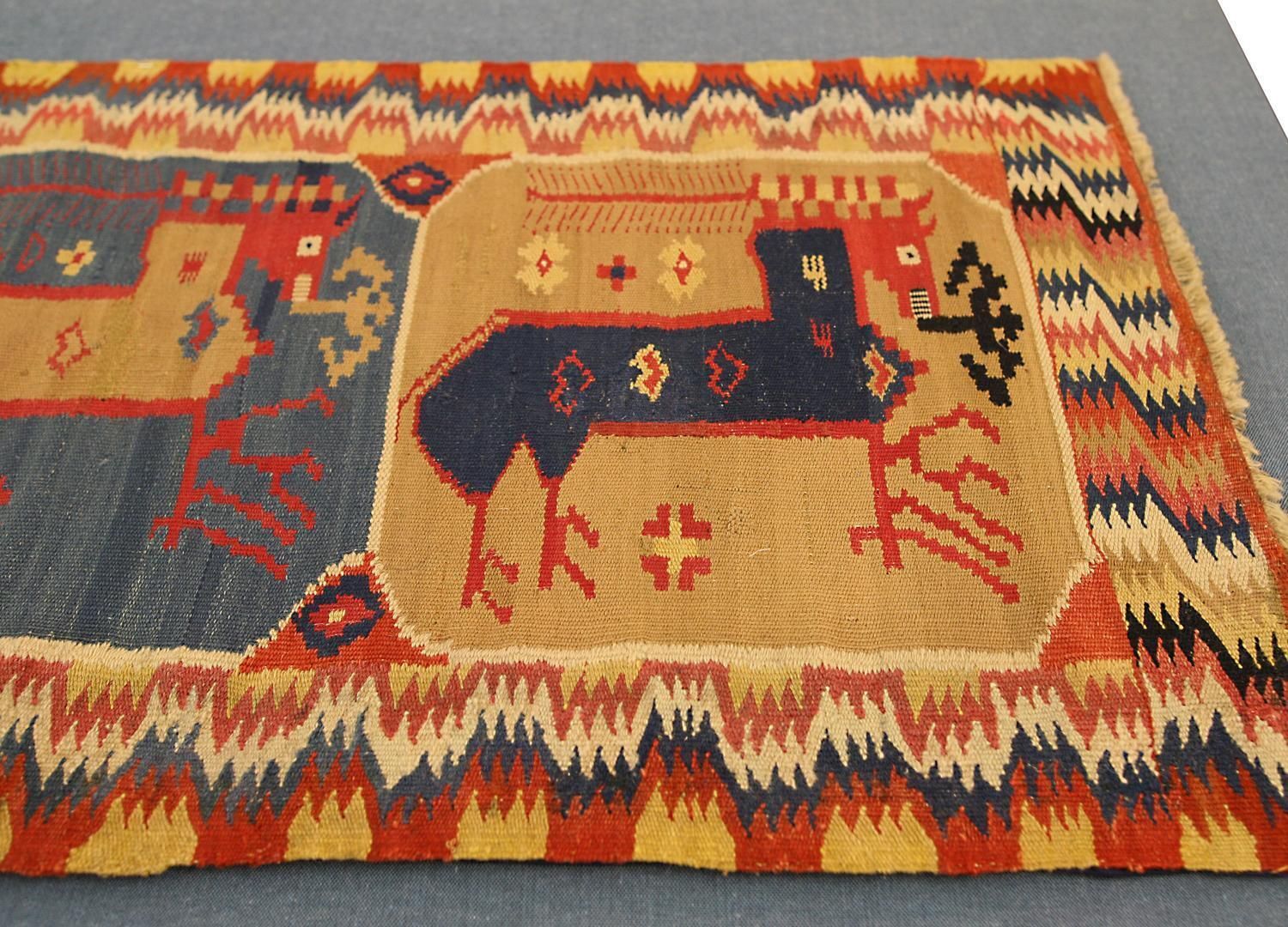 Antique Swedish Horse Design Beige And Blue Textile, 19th Century photo for sale