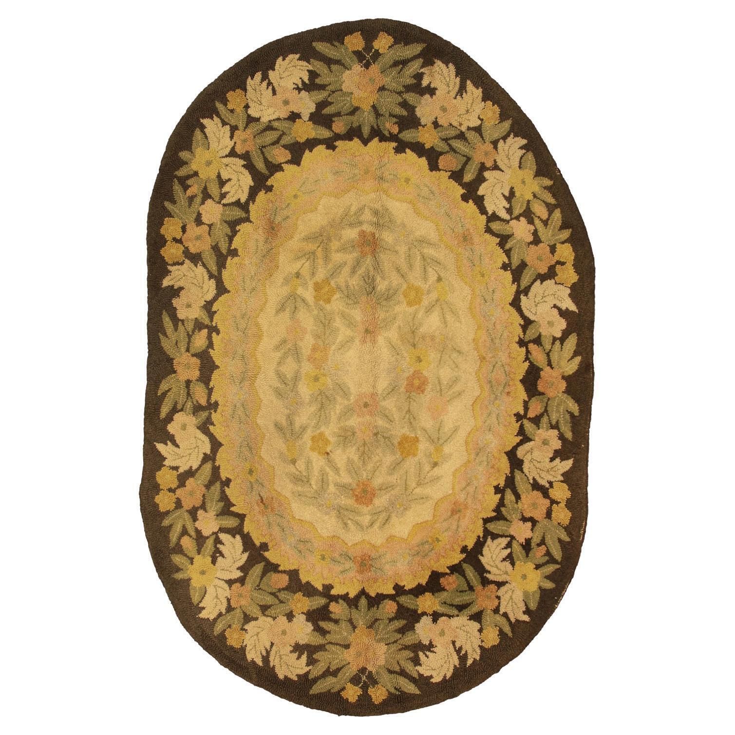 Antique American Oval Shape Hook Floral Field Rug, Ca. 1920