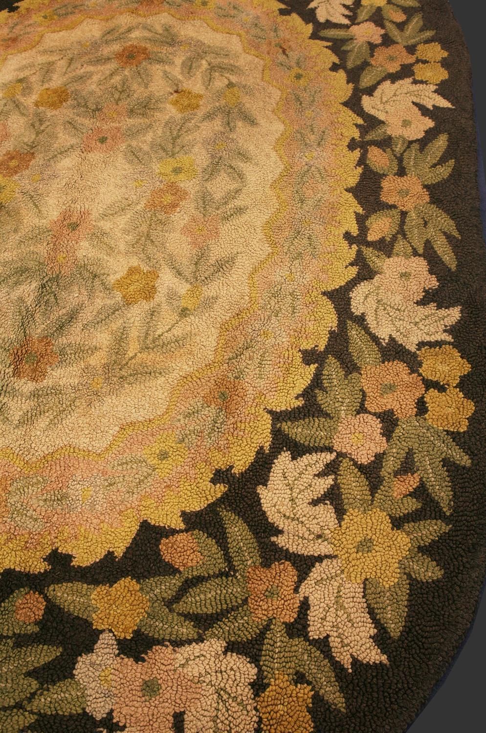 Antique American Oval Shape Hook Floral Field Rug, Ca. 1920 photo Textiles