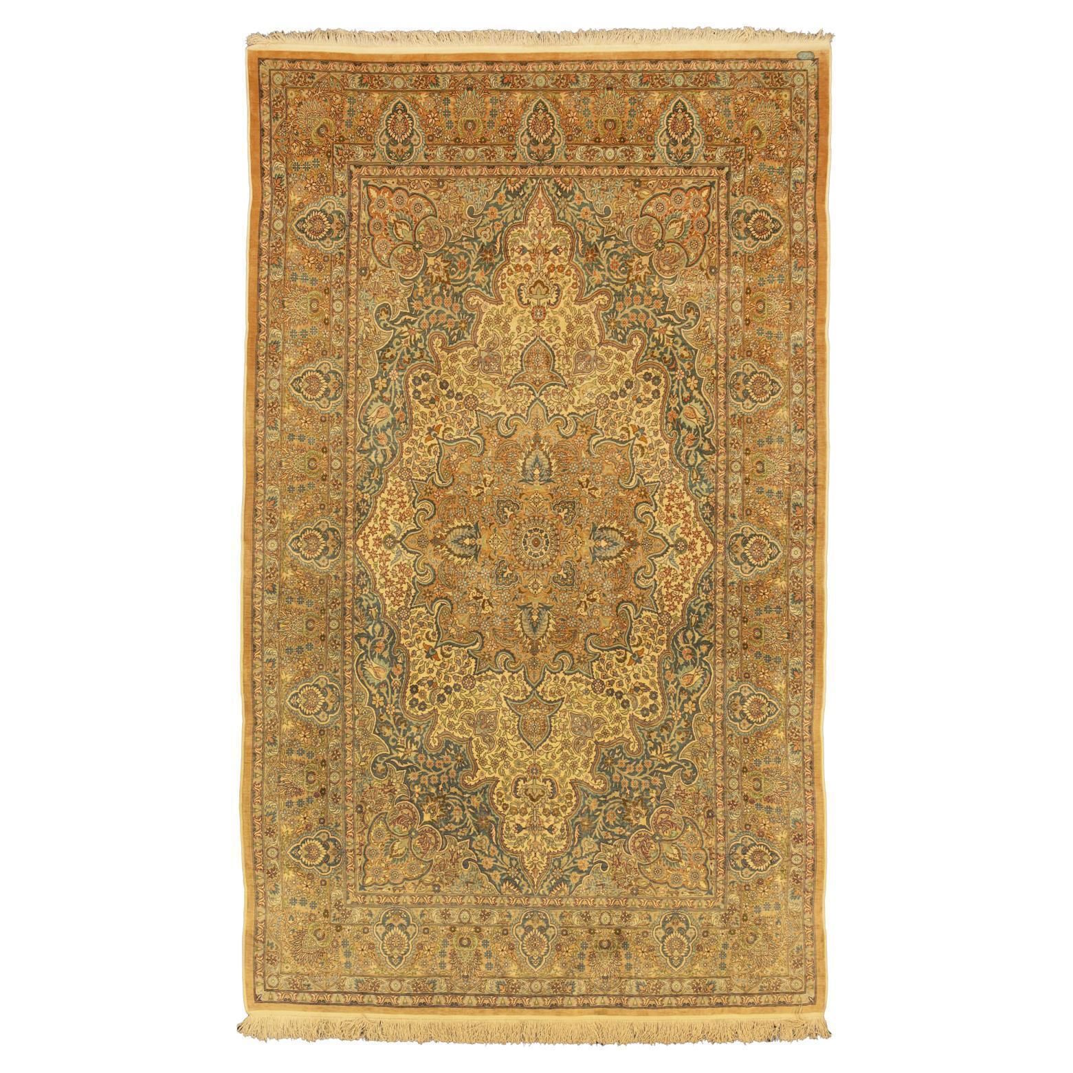 Turkish Signed Hereke Ivory Background Color Silk Extra Fine Rug, Xxi Century