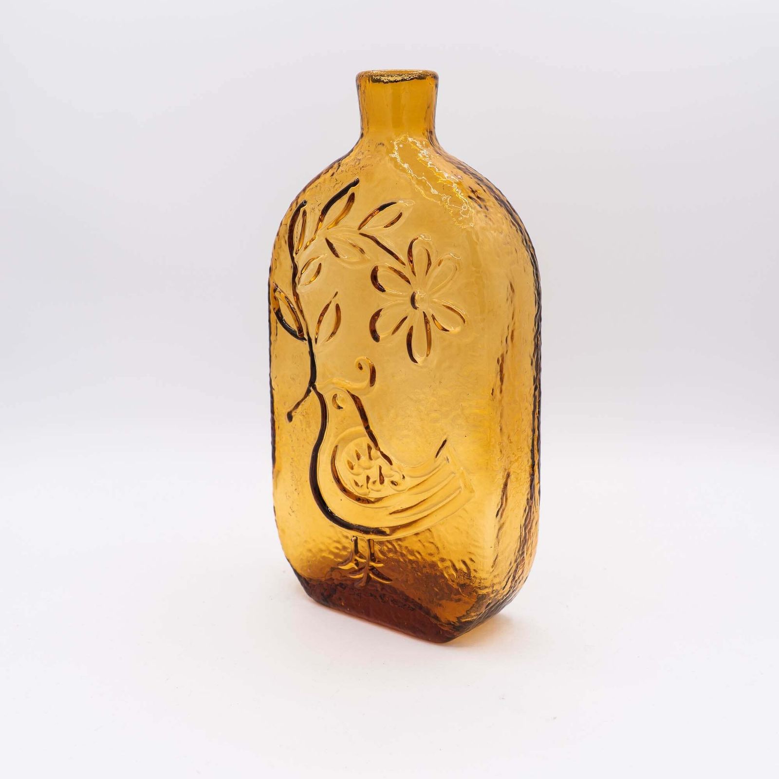 Textured Amber Glass Decanter "Bird Of Peace" By Wayne Husted   Stelvia, Empoli   1960s photo Home Decor