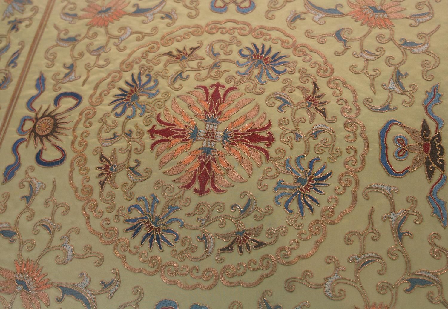 Antique Silk & Metal Chinese Beige Background Color Textile, Late 19th Century photo furniture