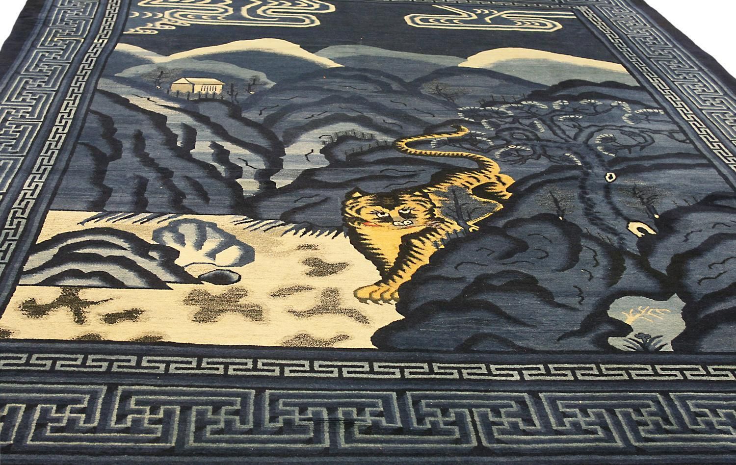 Tiger Rug Antique Peking Midnight Blue, Ca. 1900 photo for sale