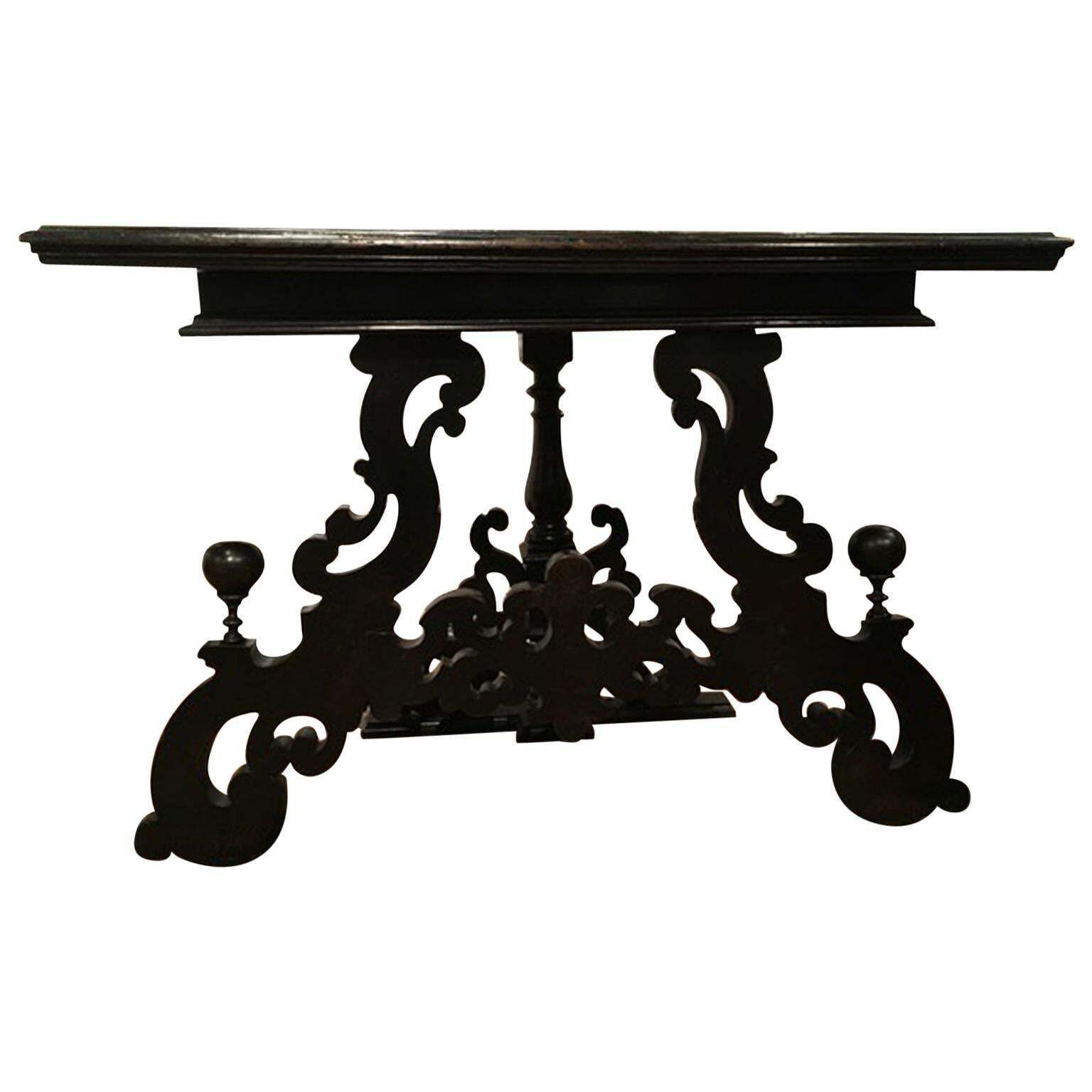 Late 17th Century Italian Wood Ebony Hand Carved Black Marble Console