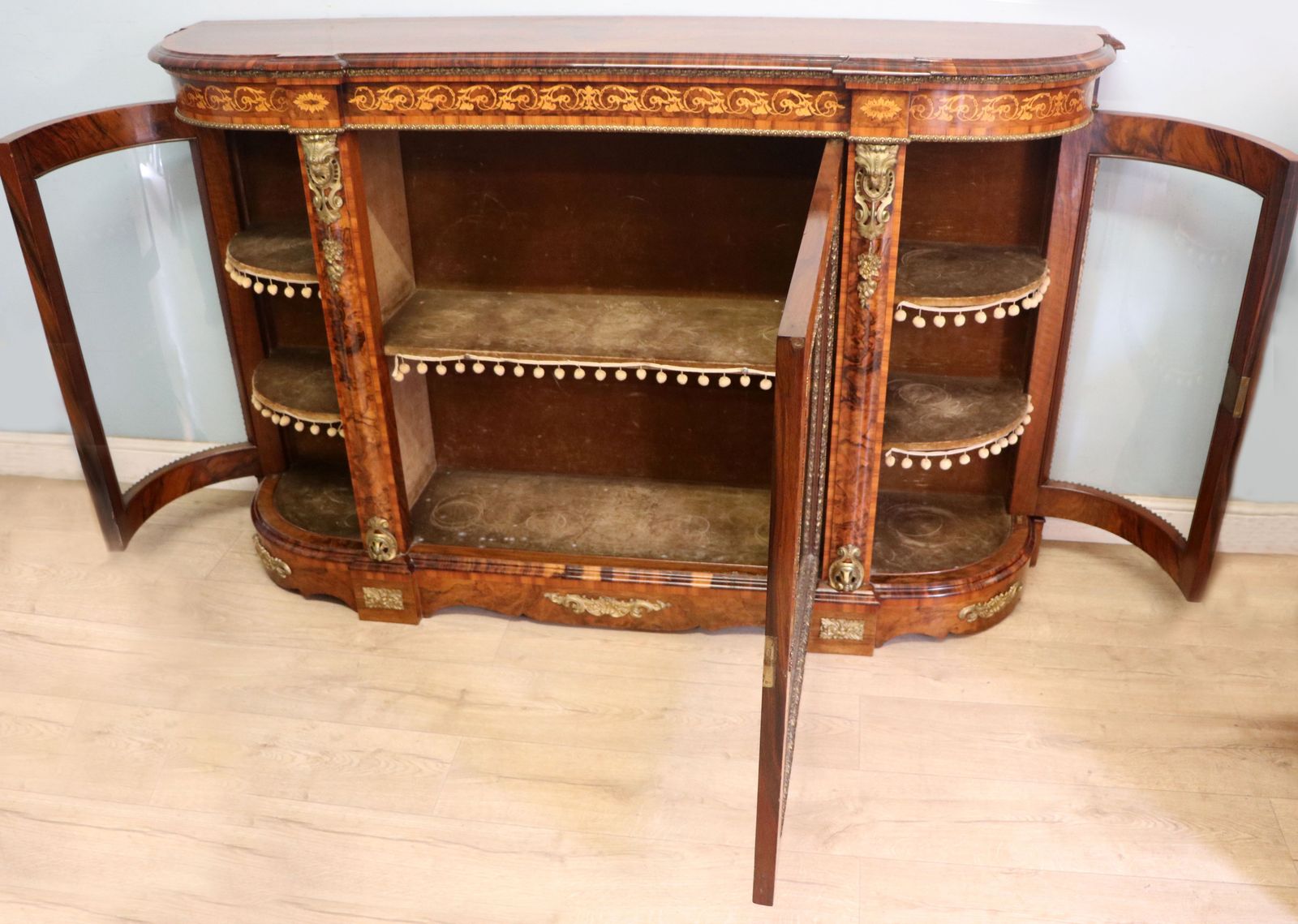 A Lovely Victorian Walnut Veneered, Inlaid And Gilt Metal Mounted Credenza Cabinet. photo furniture