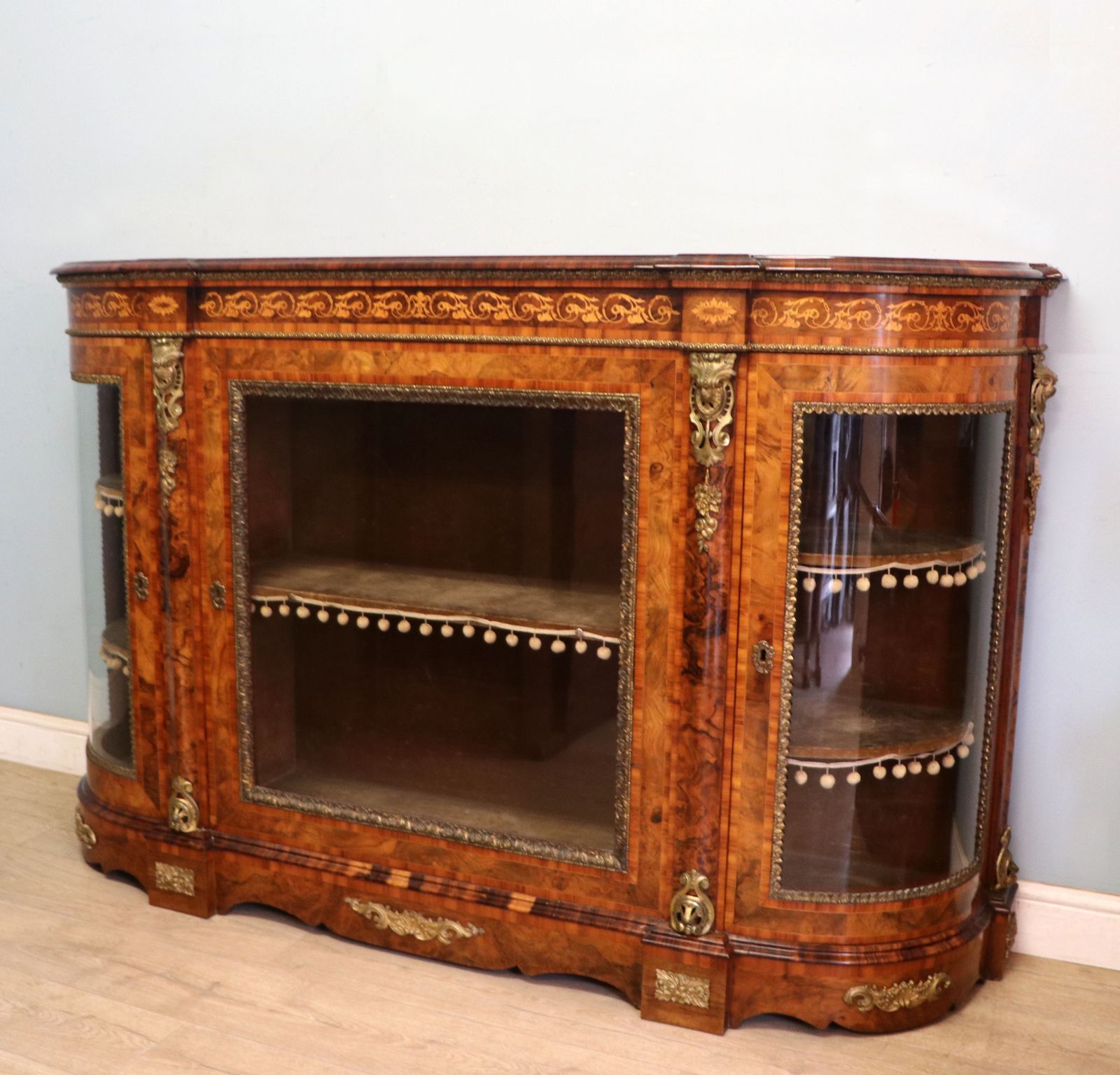 A Lovely Victorian Walnut Veneered, Inlaid And Gilt Metal Mounted Credenza Cabinet. photo vinterior