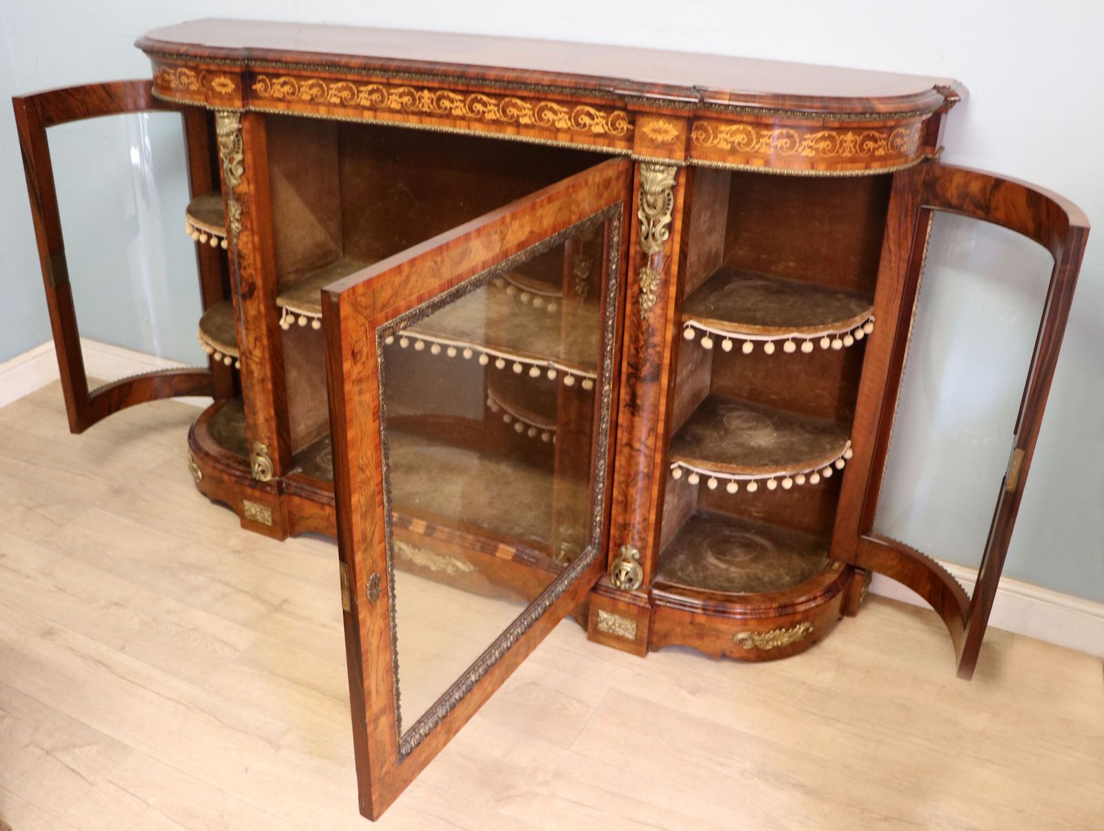 Furniture A Lovely Victorian Walnut Veneered, Inlaid And Gilt Metal Mounted Credenza Cabinet. photo