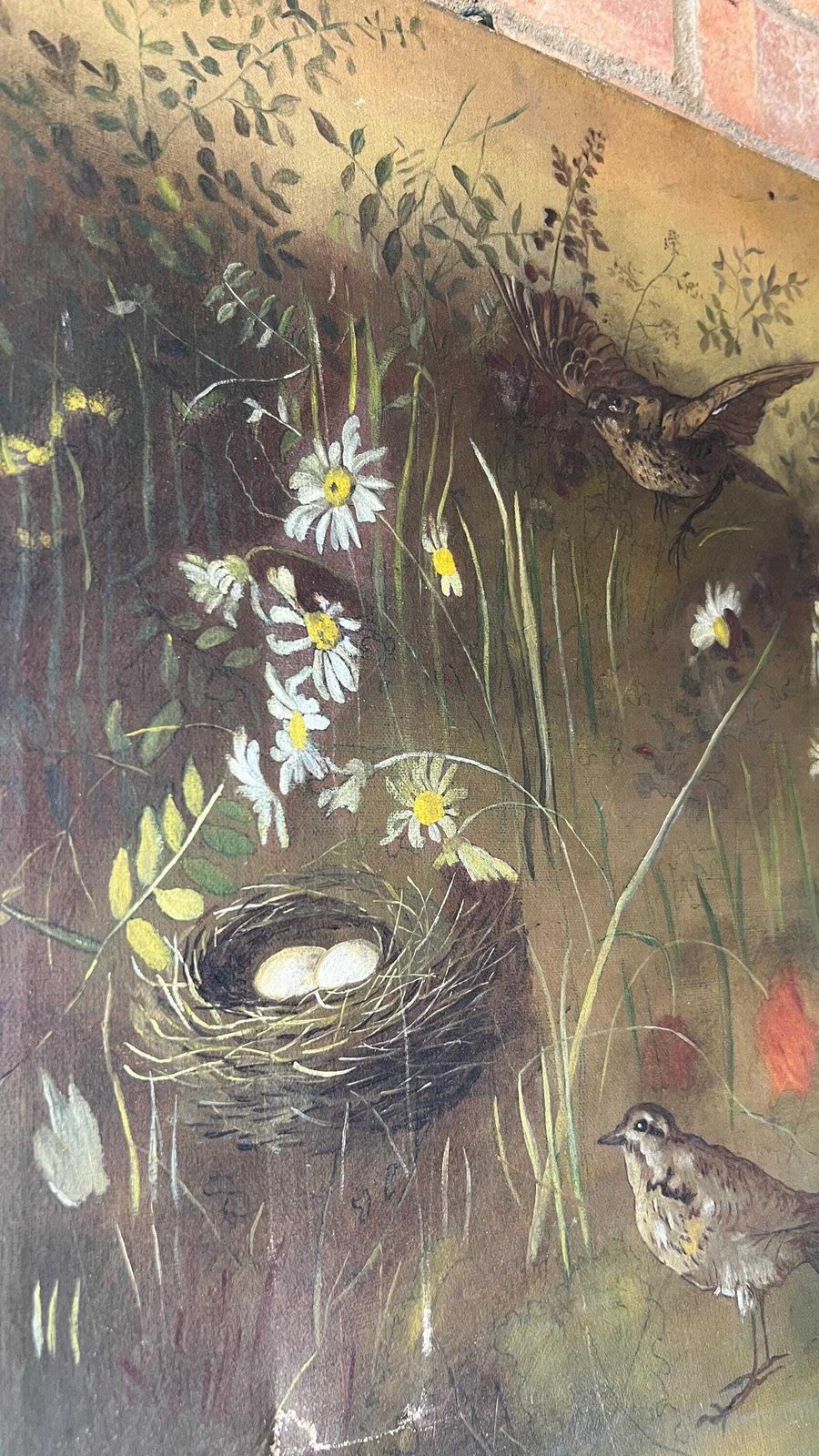 19th Century Oil Painting On Canvas – Nesting Birds In A Meadow photo for sale