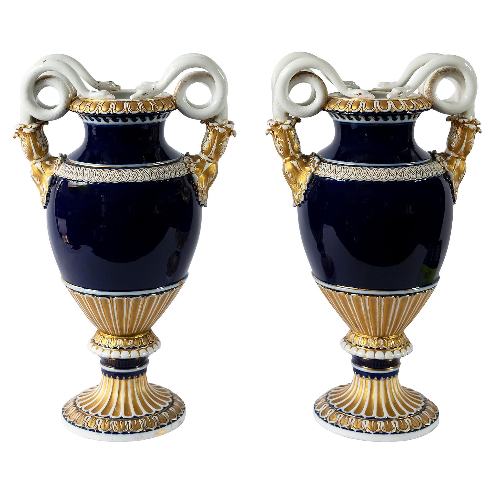 Pair Of German Meissen Porcelain Cobalt Blue Vases