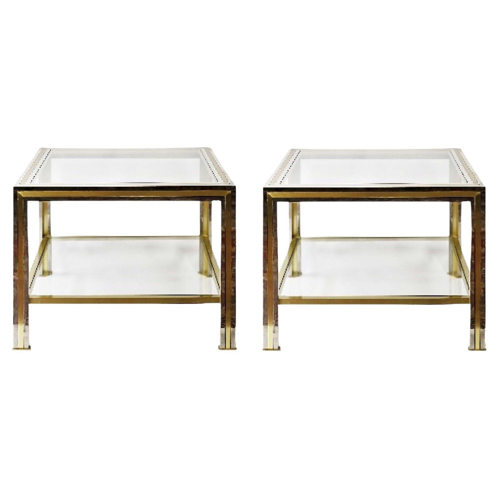 Pair Of Mid Century Italian Brass, Chrome And Glass Top Side Tables