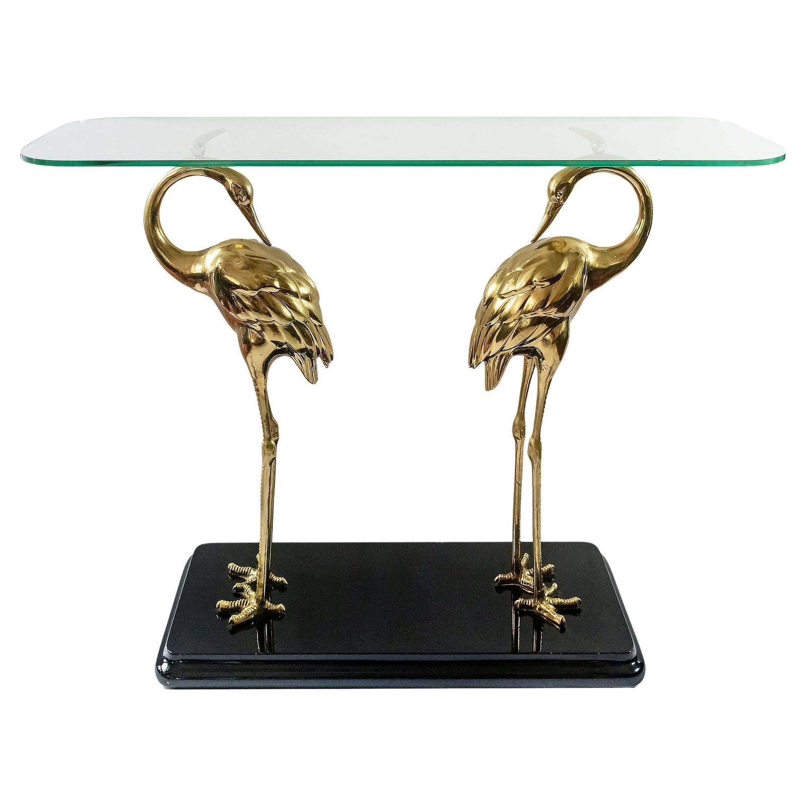 Italian Midcentury Lacquered Wood, Glass And Bronze Console Table With Birds