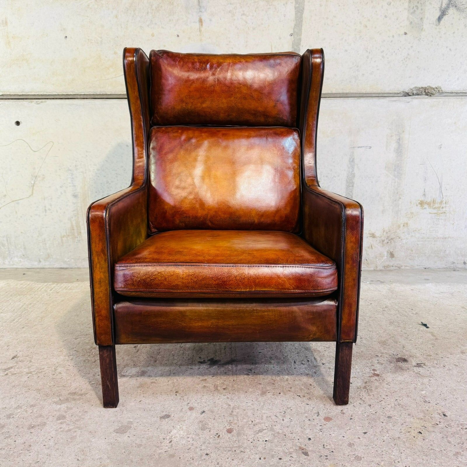 Vintage Danish High Back Patinated Tan Leather Armchair #A537 photo furniture