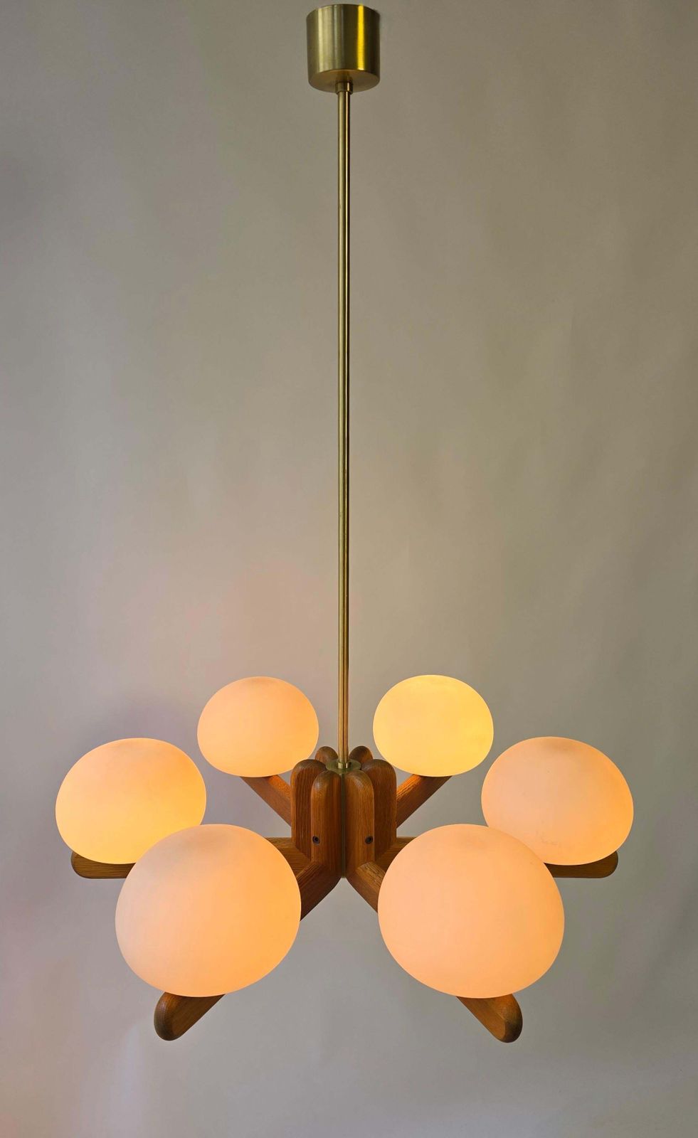 Wonderful Minimalistic Oak And Opal Glass Chandelier By Kaiser, Germany 1970s photo 2378.0
