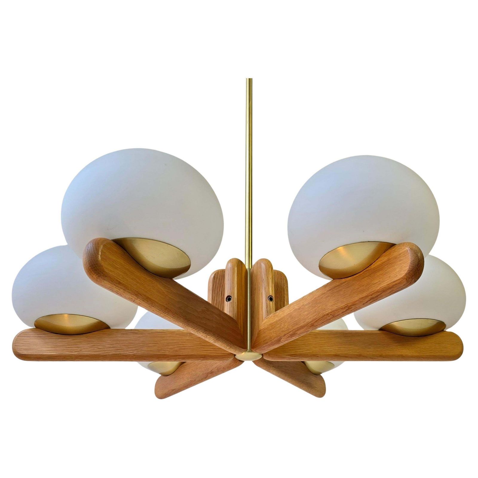 photo furniture Wonderful Minimalistic Oak And Opal Glass Chandelier By Kaiser, Germany 1970s