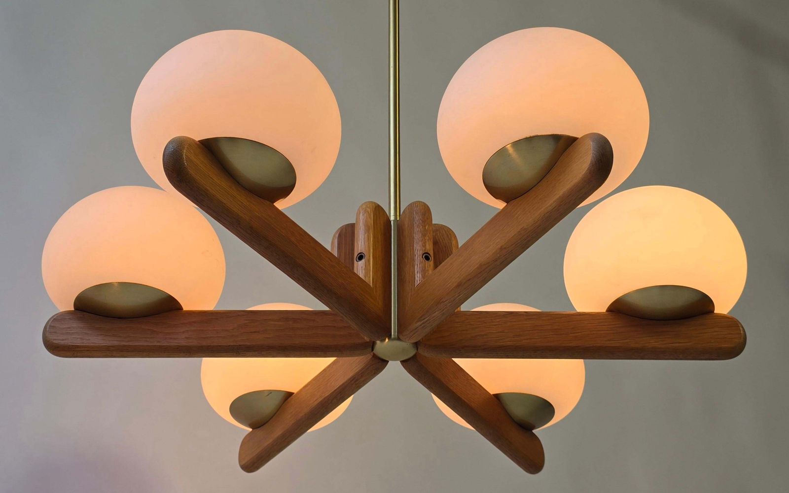 photo for sale Wonderful Minimalistic Oak And Opal Glass Chandelier By Kaiser, Germany 1970s