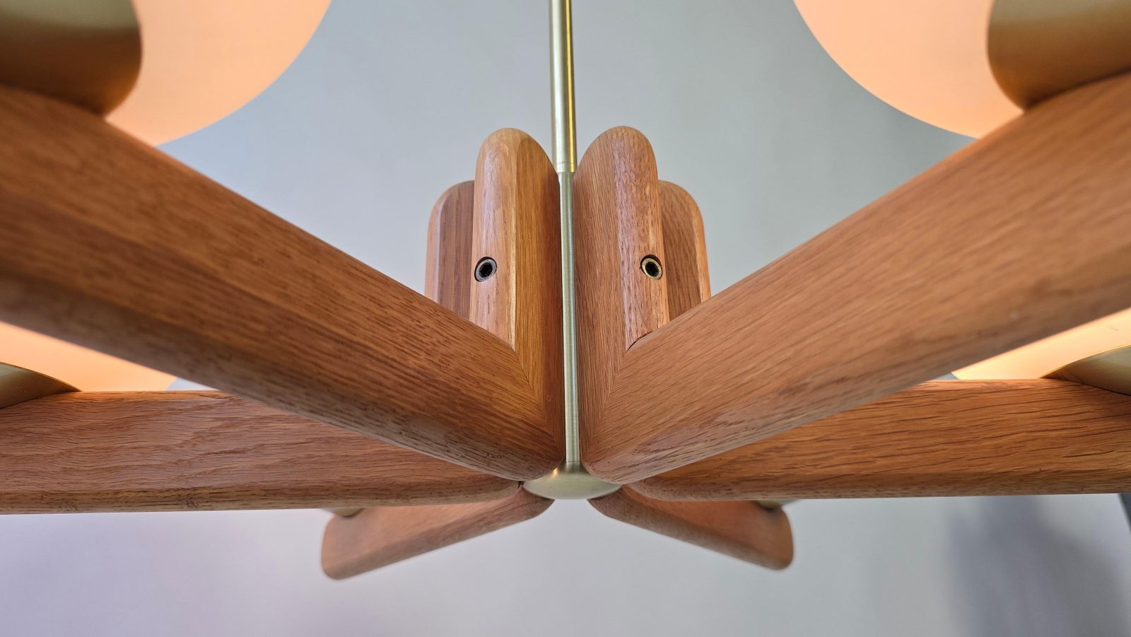 Lighting Wonderful Minimalistic Oak And Opal Glass Chandelier By Kaiser, Germany 1970s photo